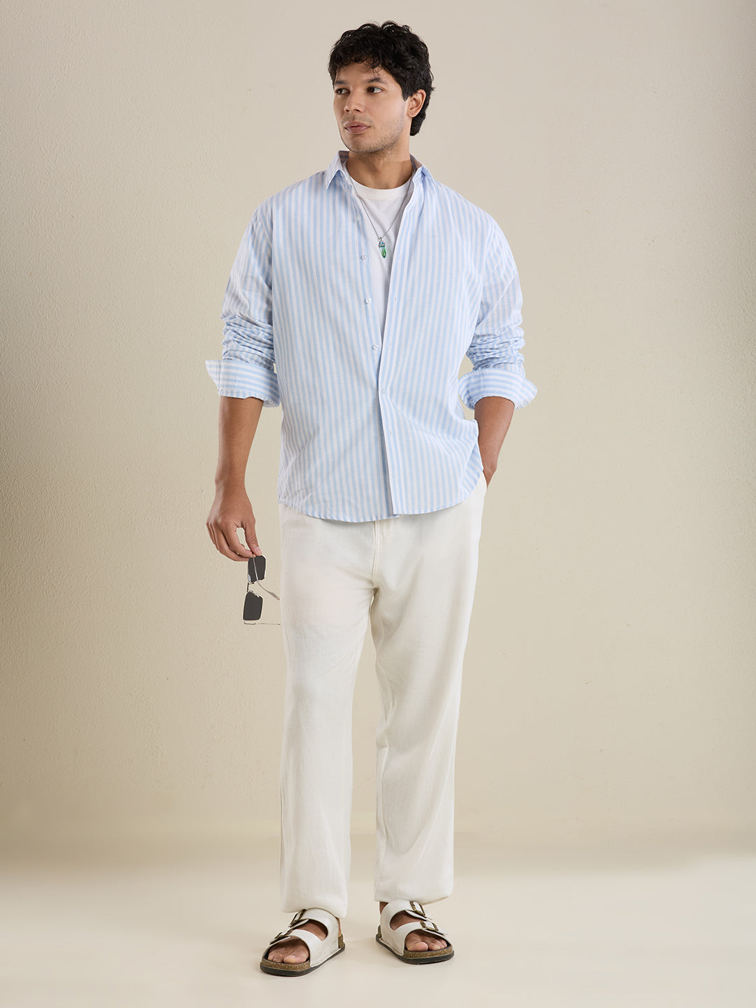 Slim Fit Sky Blue Vertical Striped Linen Shirt