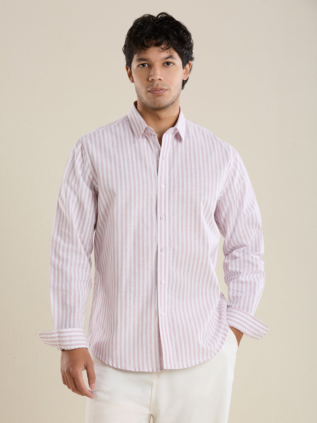 Slim Fit Rose Pink Vertical Striped Linen Shirt