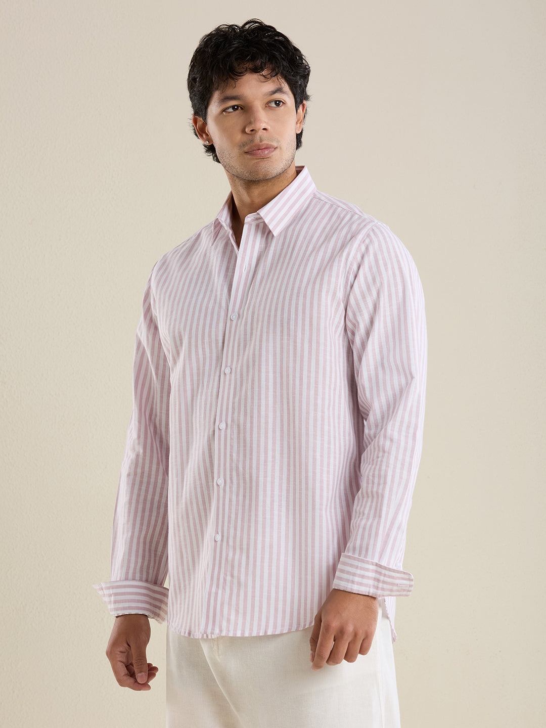 Slim Fit Rose Pink Vertical Striped Linen Shirt