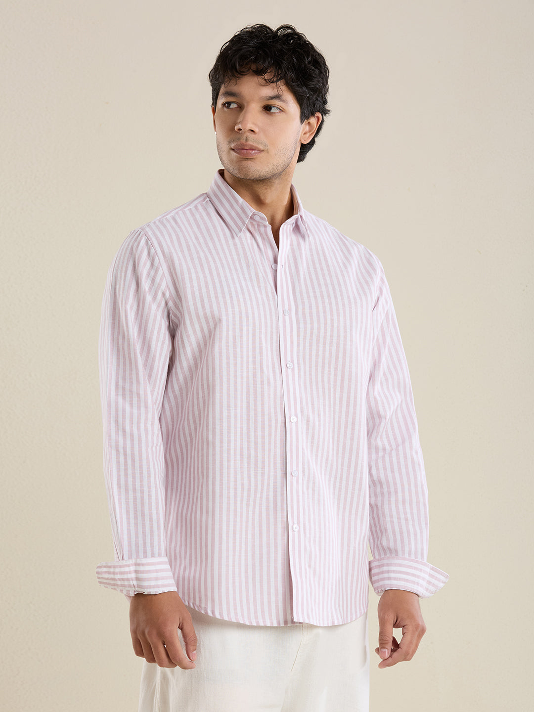 Slim Fit Rose Pink Vertical Striped Linen Shirt