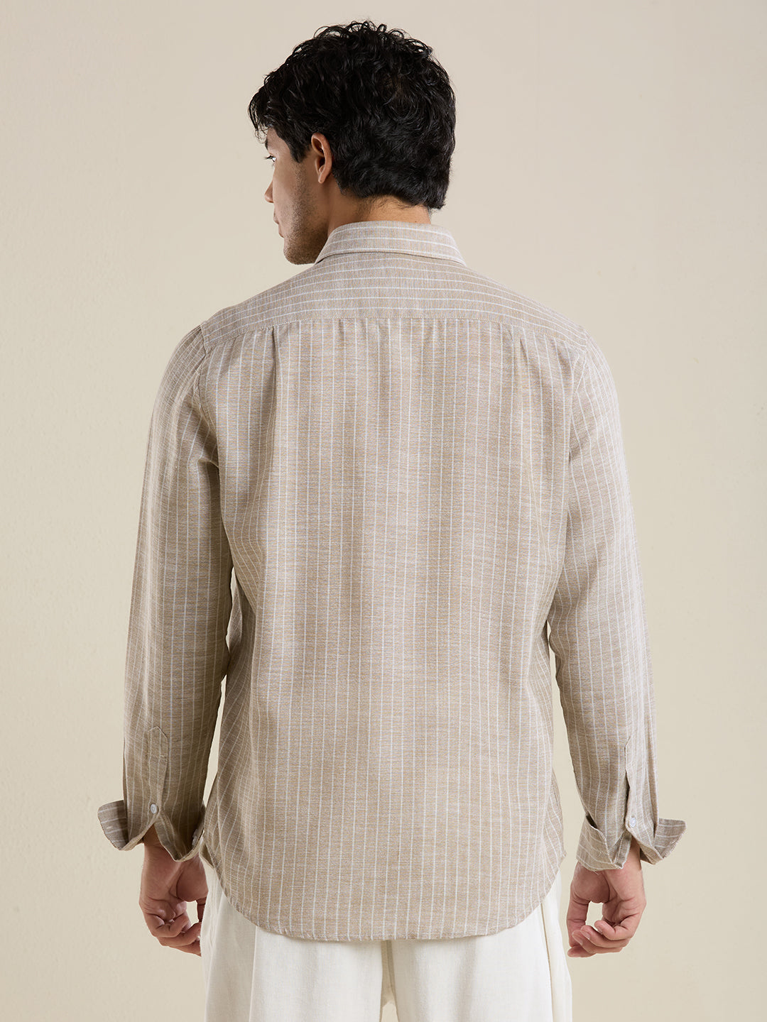 Slim Fit Sand Striped Linen Shirt