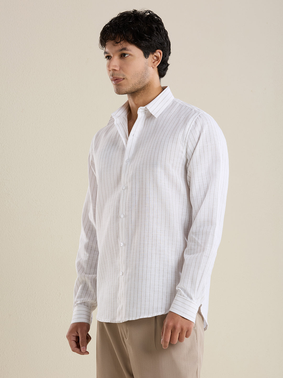 Slim Fit Cloud White Striped Linen Shirt