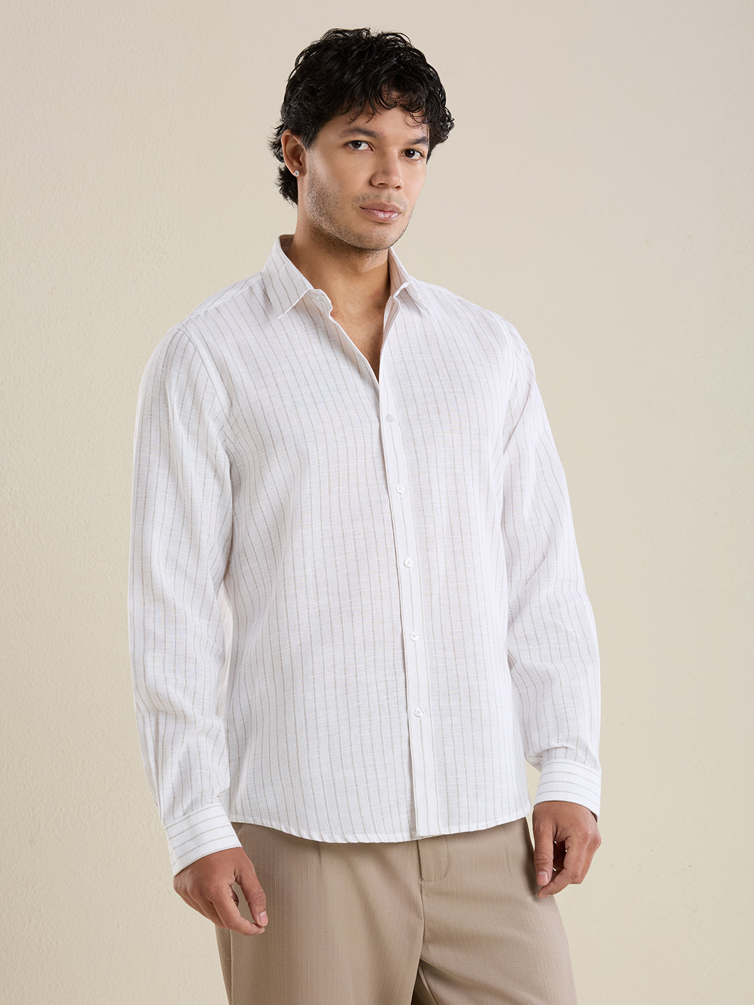 Slim Fit Cloud White Striped Linen Shirt
