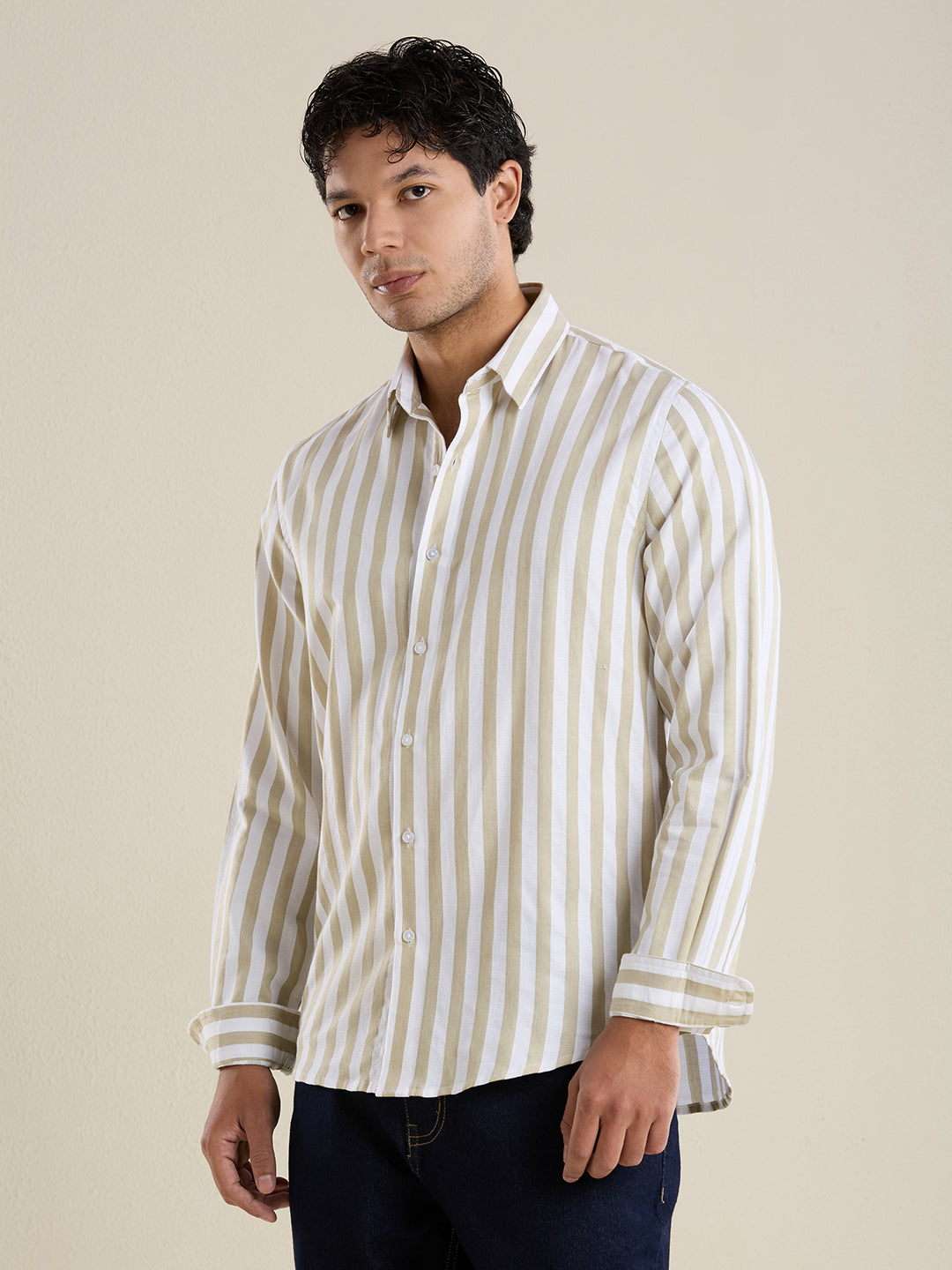 Beige Bold Striped Luxury Cotton Shirt