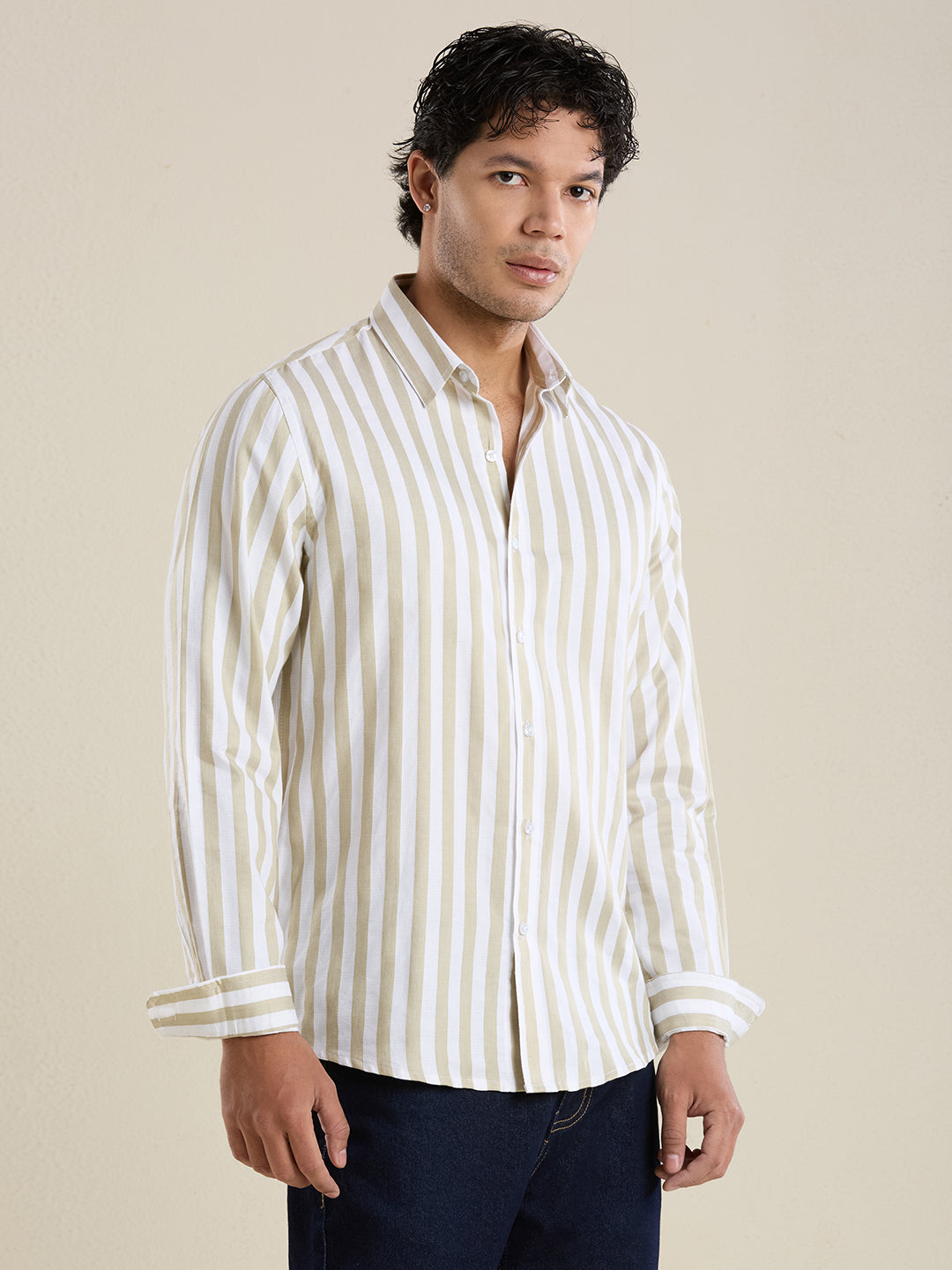 Beige Bold Striped Luxury Cotton Shirt