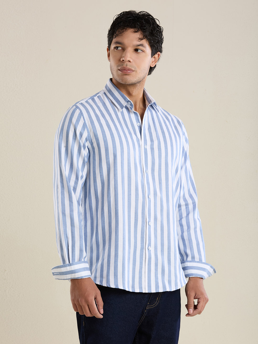 Cerulean Blue Bold Striped Luxury Cotton Shirt