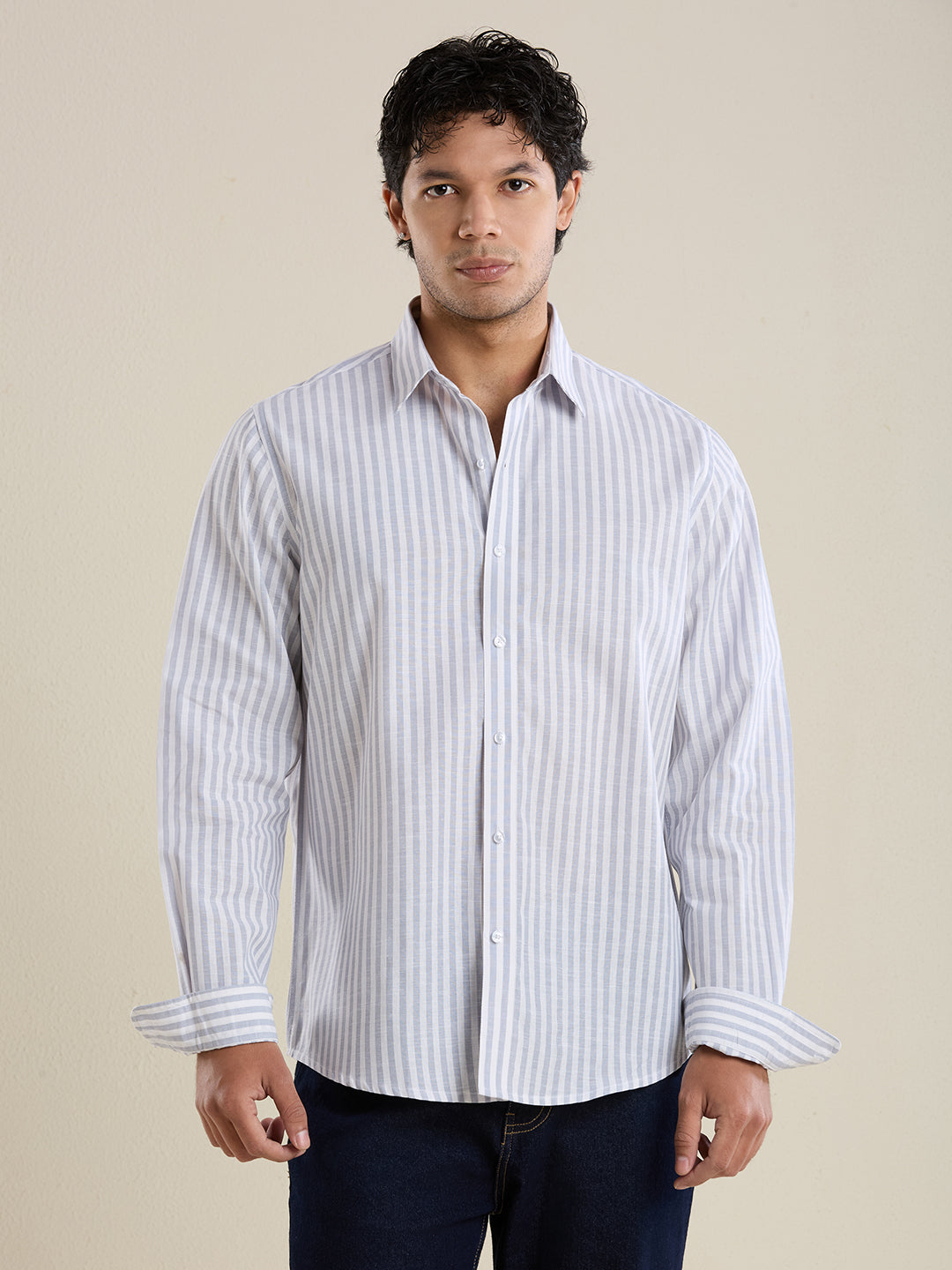 Slim Fit Grey Vertical Striped Linen Shirt