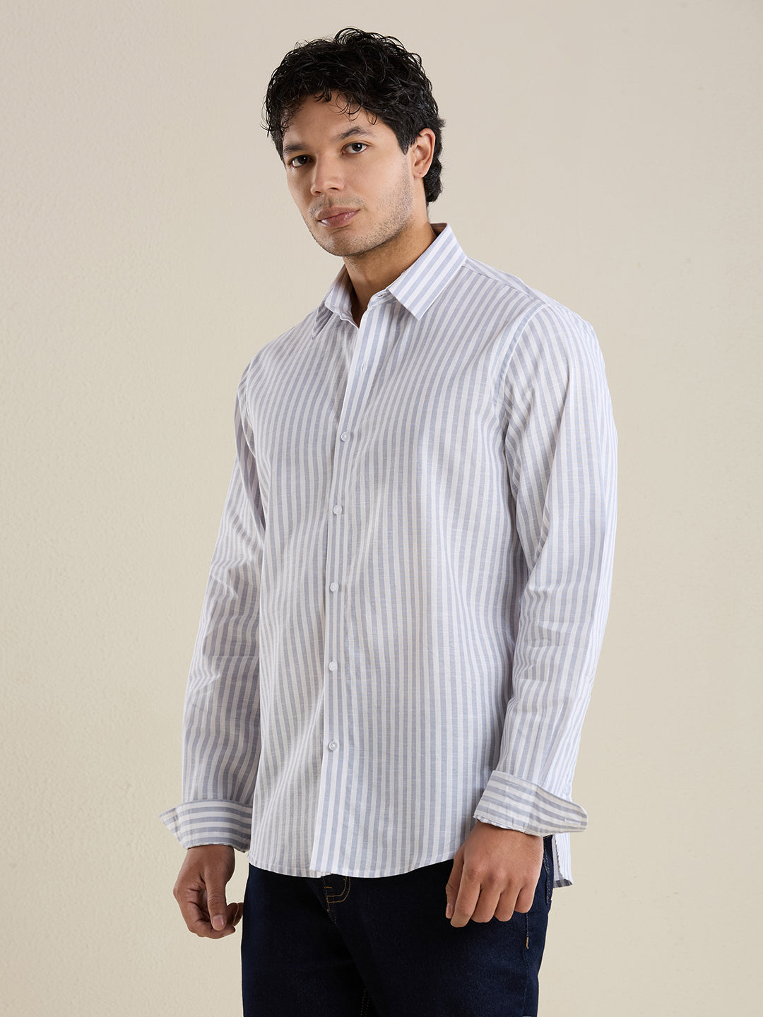 Slim Fit Grey Vertical Striped Linen Shirt