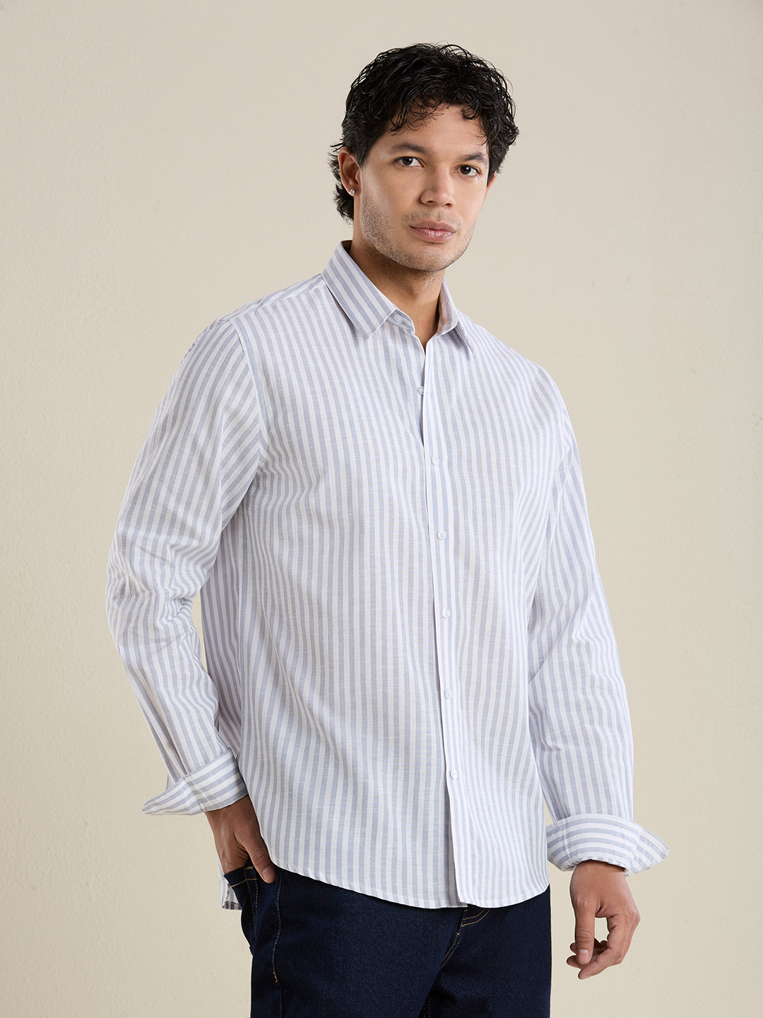 Slim Fit Grey Vertical Striped Linen Shirt