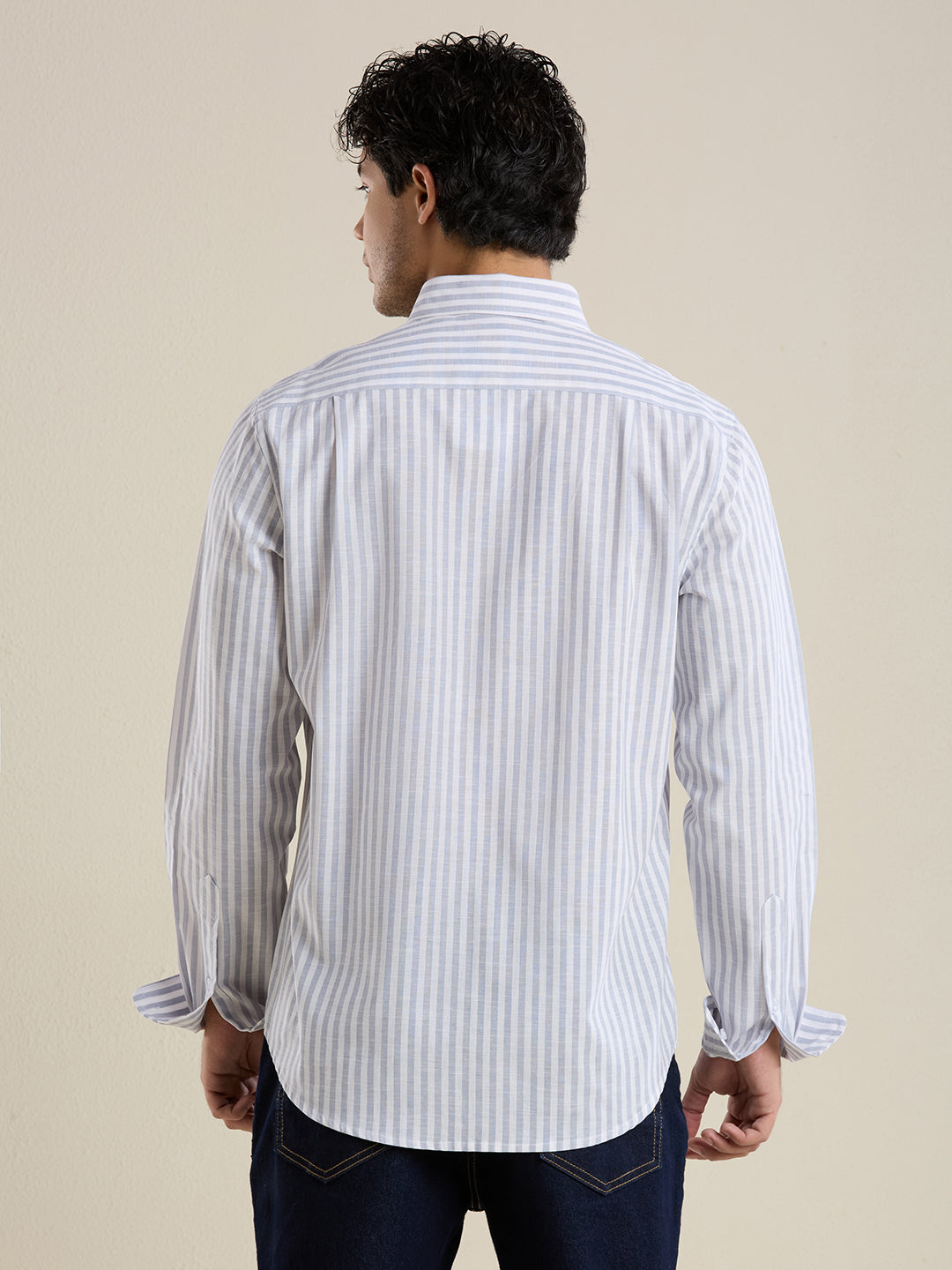 Slim Fit Grey Vertical Striped Linen Shirt