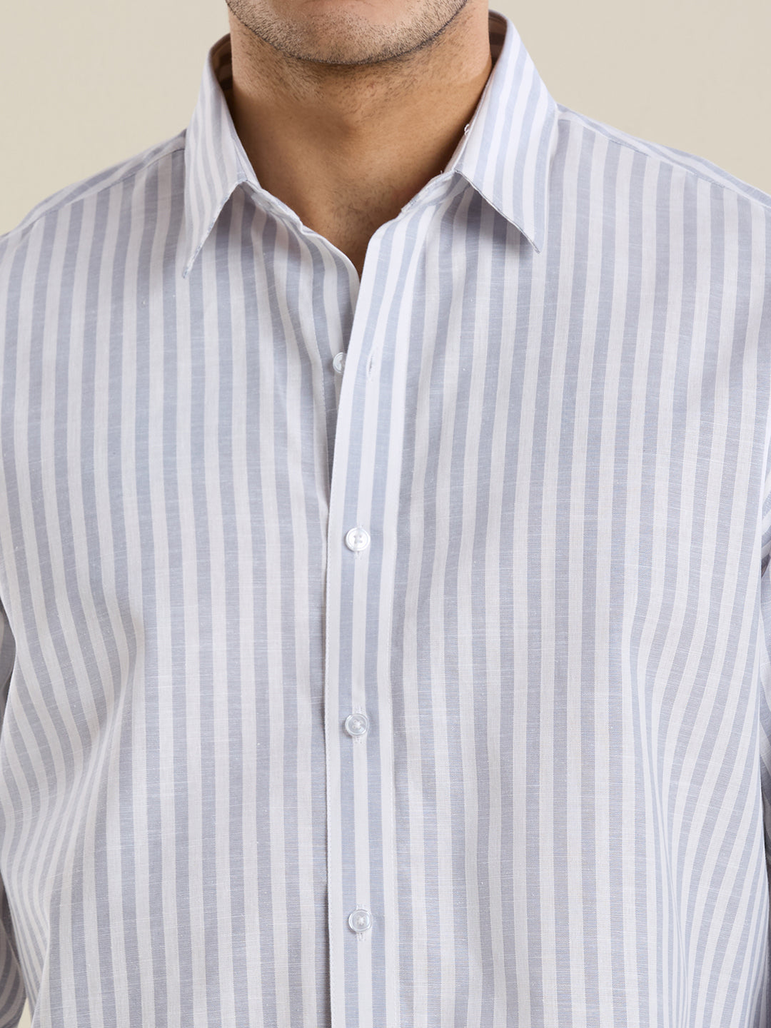 Slim Fit Grey Vertical Striped Linen Shirt