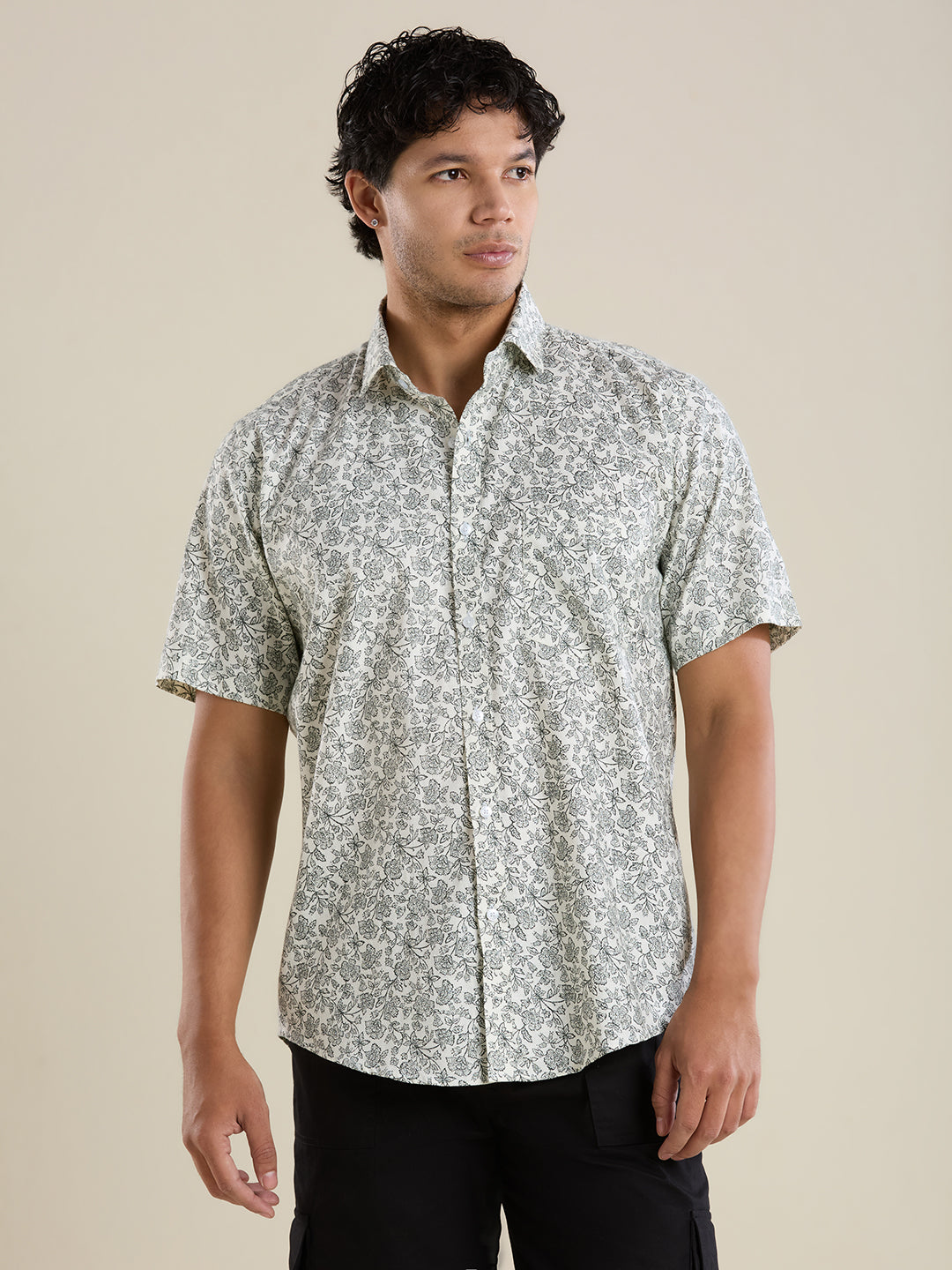 Men's Slim Fit Sage Floral Printed Cotton Casual Shirt