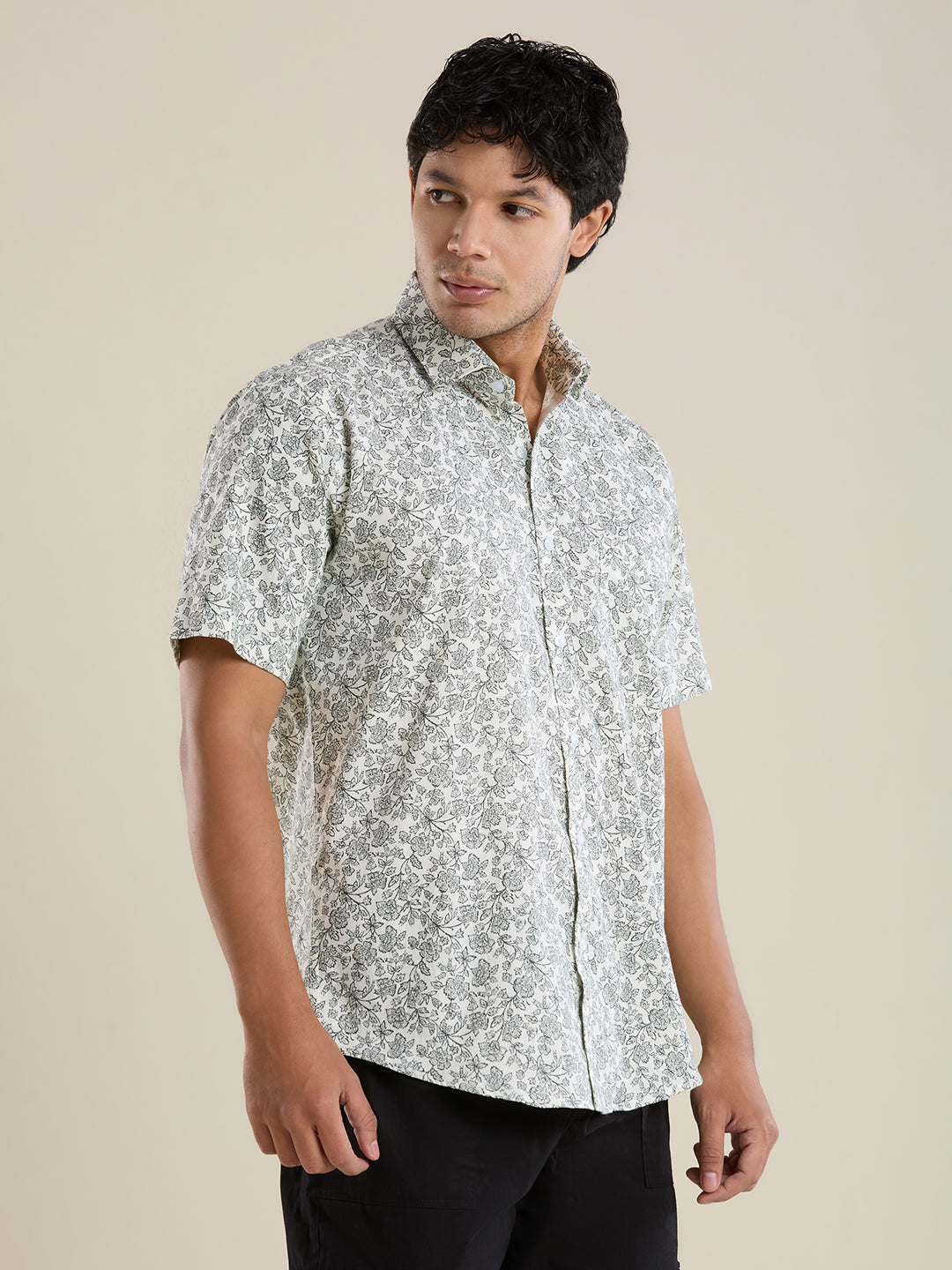 Men's Slim Fit Sage Floral Printed Cotton Casual Shirt