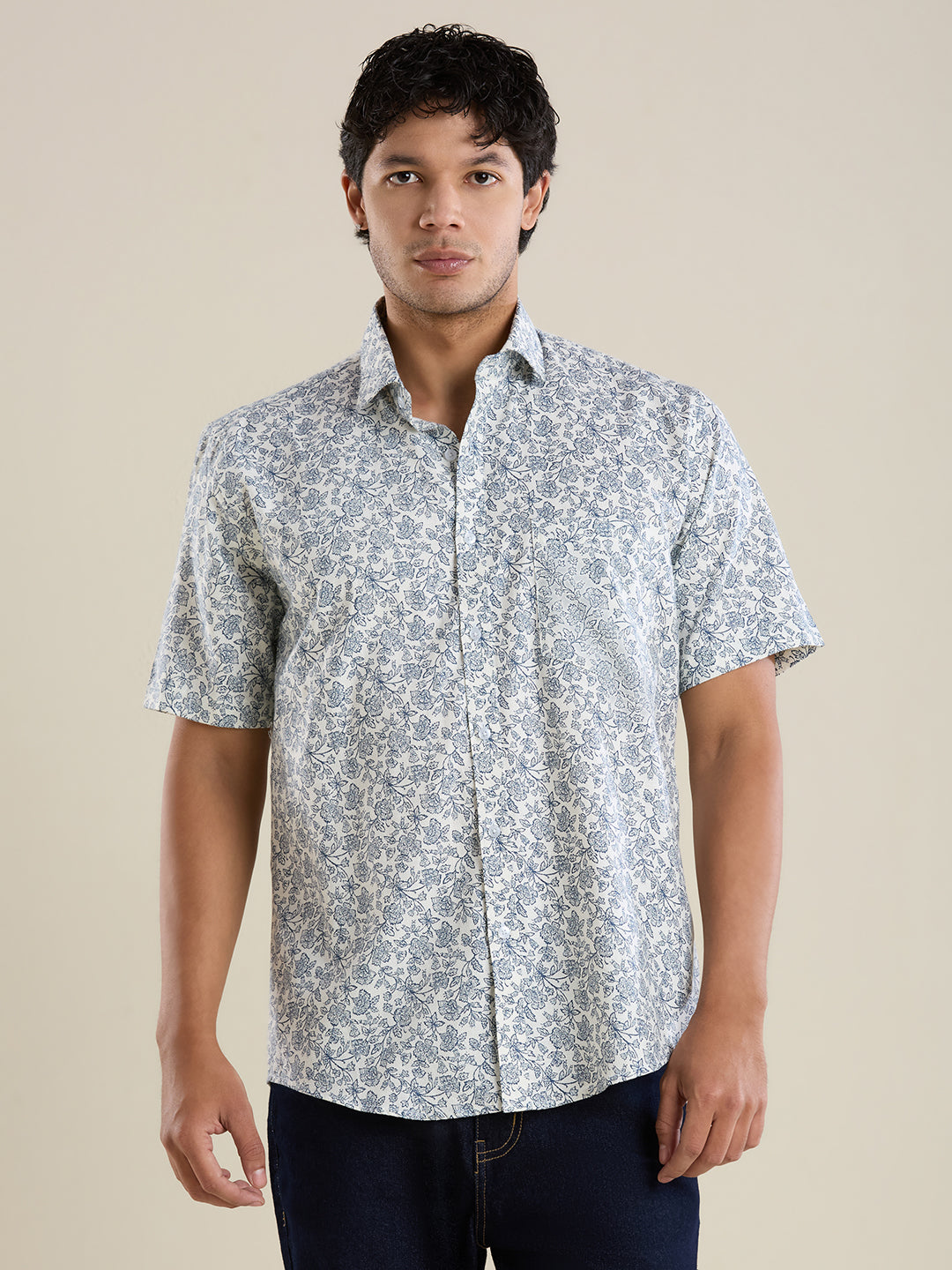 Men's Slim Fit Porcelain Blue Floral Printed Cotton Shirt