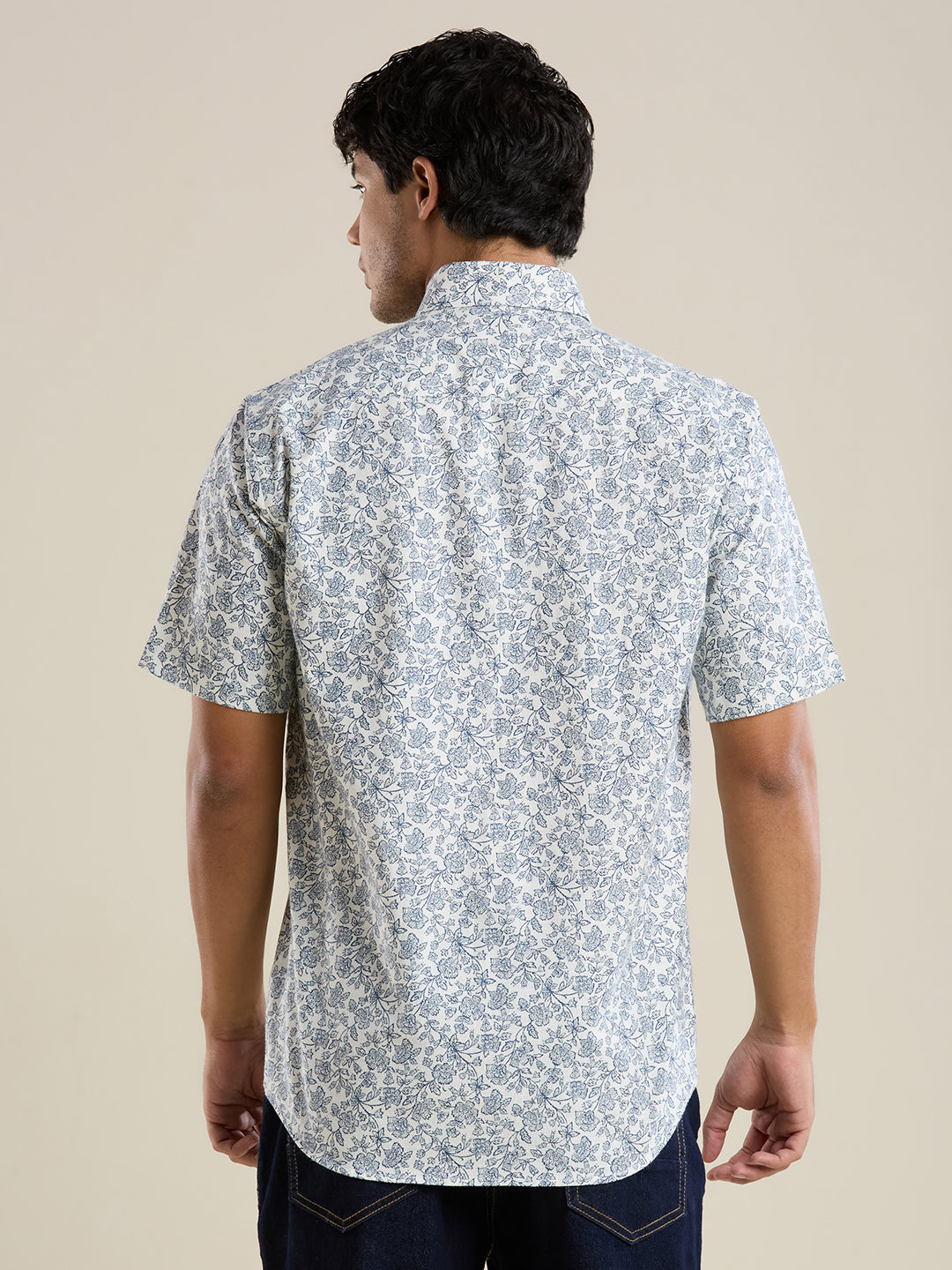 Men's Slim Fit Porcelain Blue Floral Printed Cotton Shirt