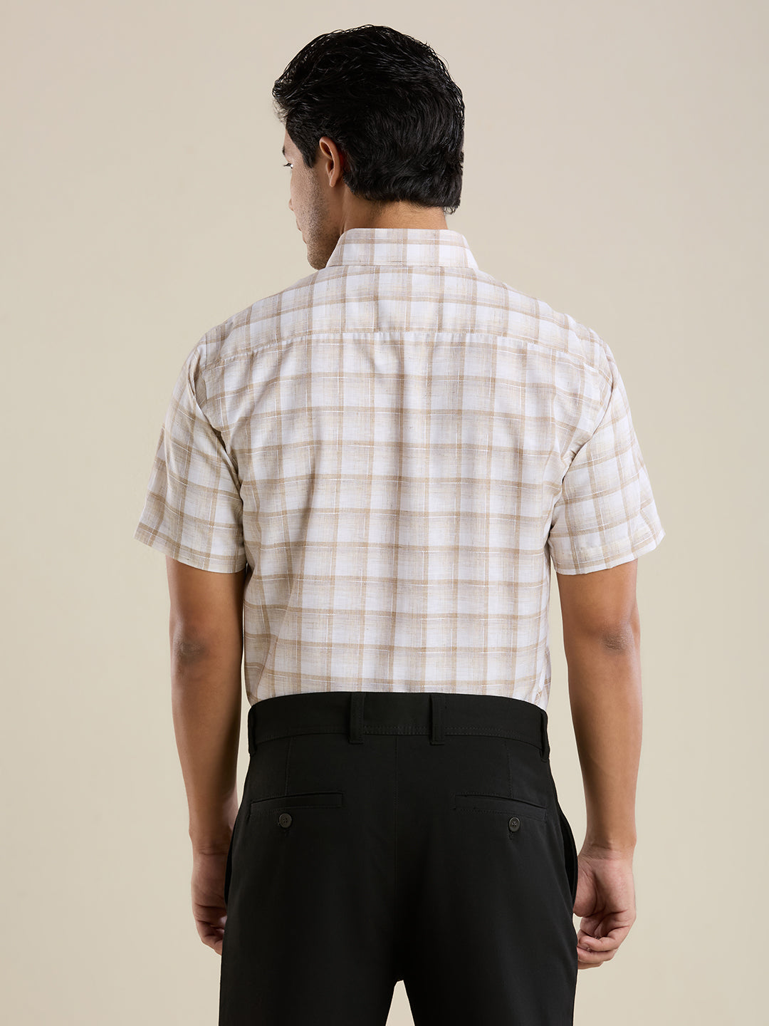 Slim Fit Beige Checked Linen Shirt