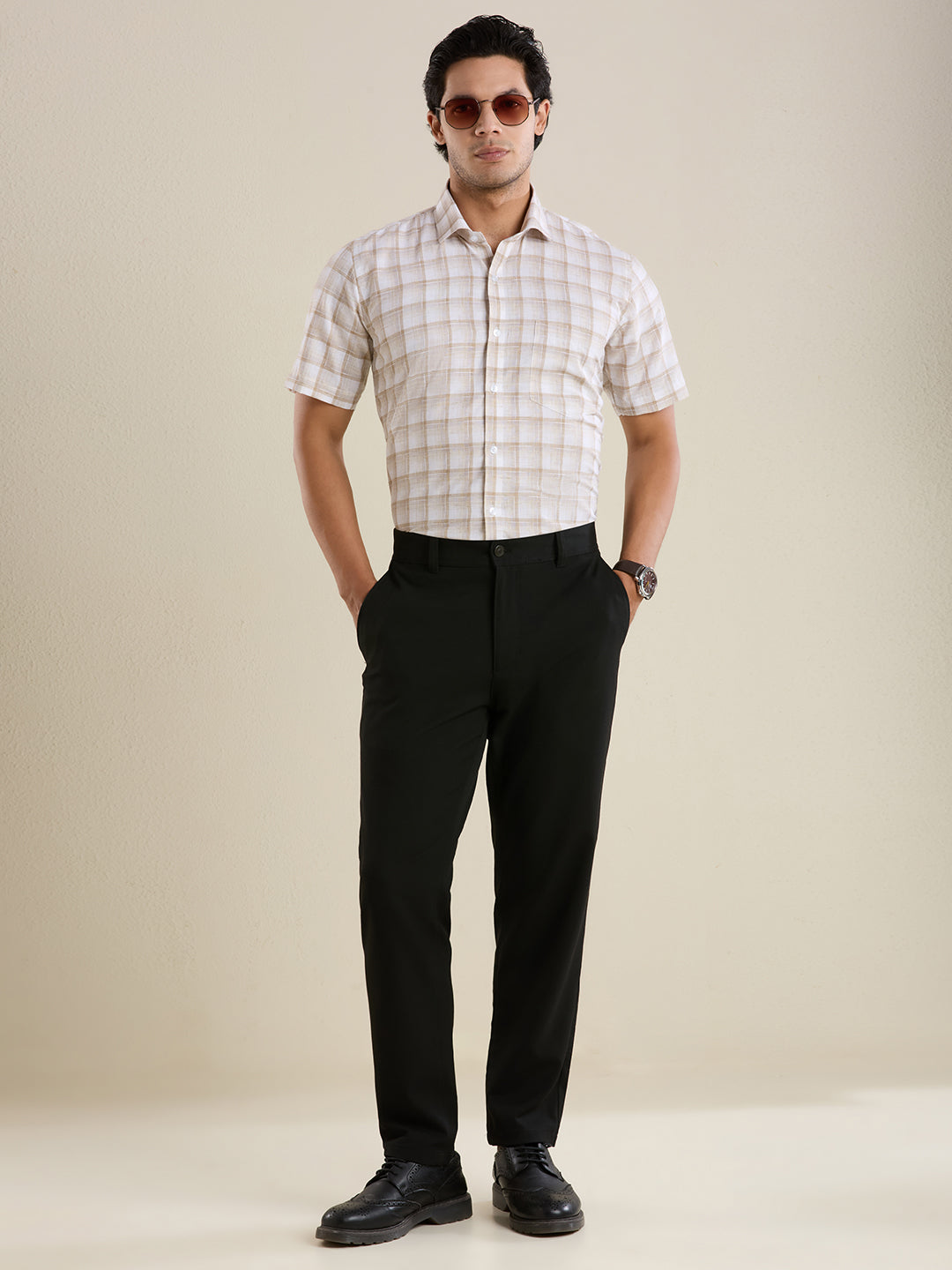 Slim Fit Beige Checked Linen Shirt