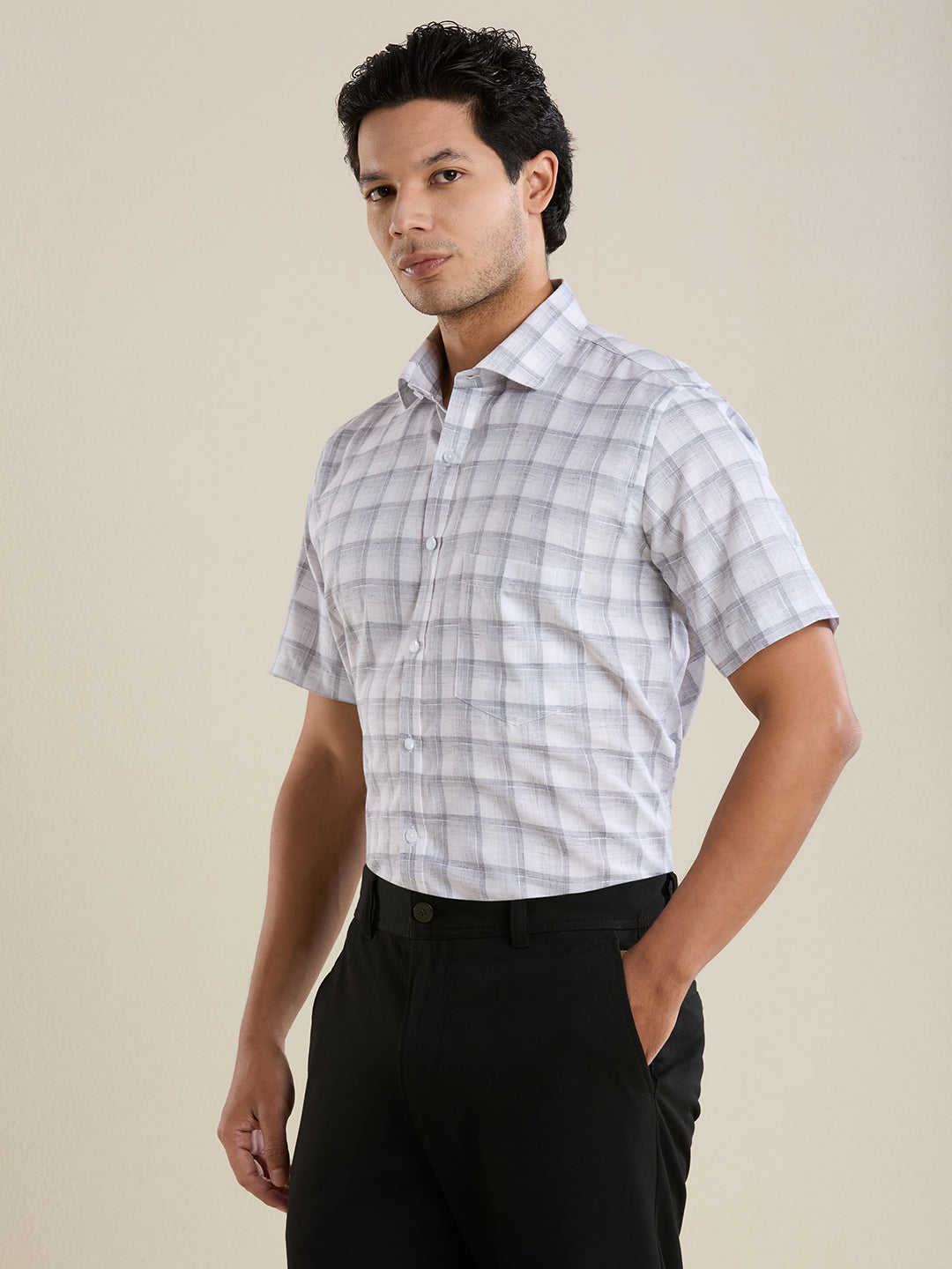 Slim Fit Grey Checked Linen Shirt