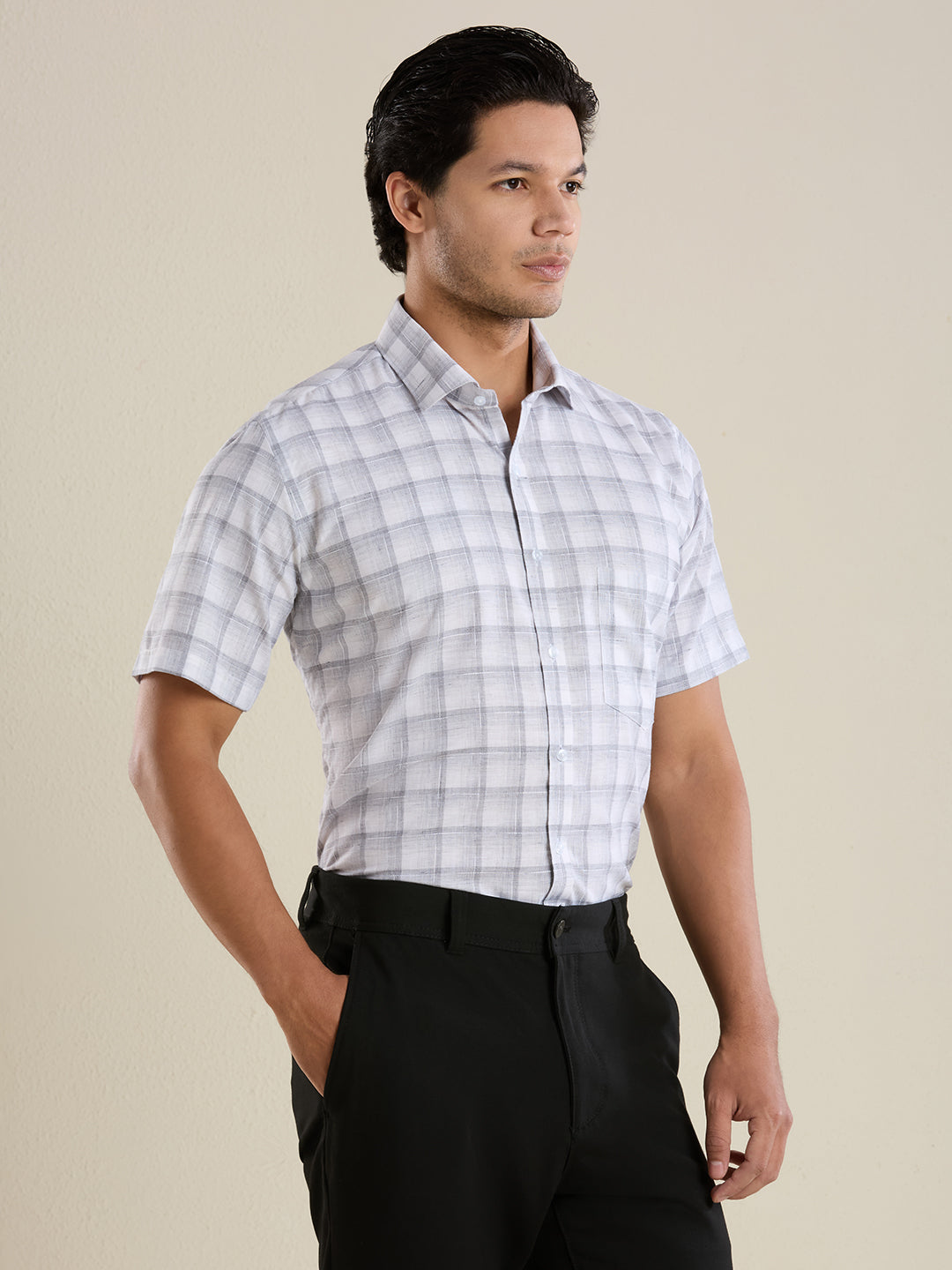 Slim Fit Grey Checked Linen Shirt