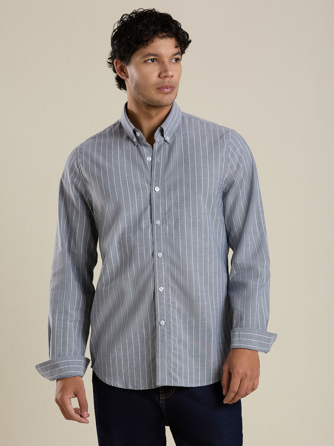 Men's Slim Fit Steel Grey Striped Oxford Cotton Casual Shirt