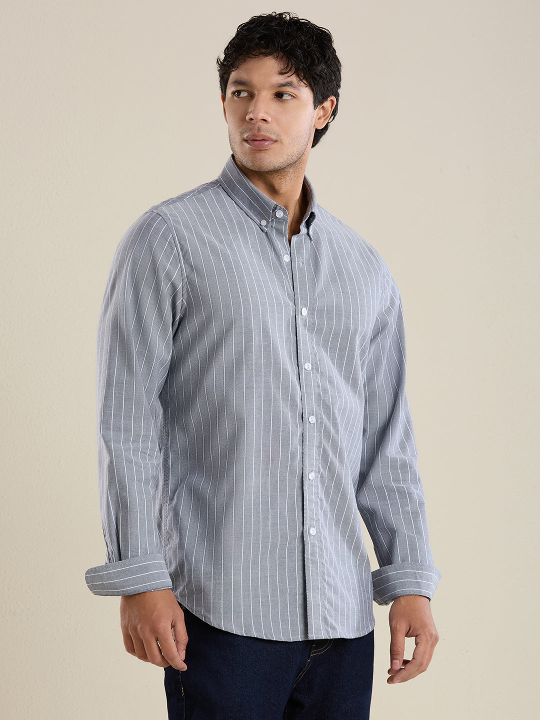 Men's Slim Fit Grey Striped Oxford Cotton Casual Shirt | Mark & Albert