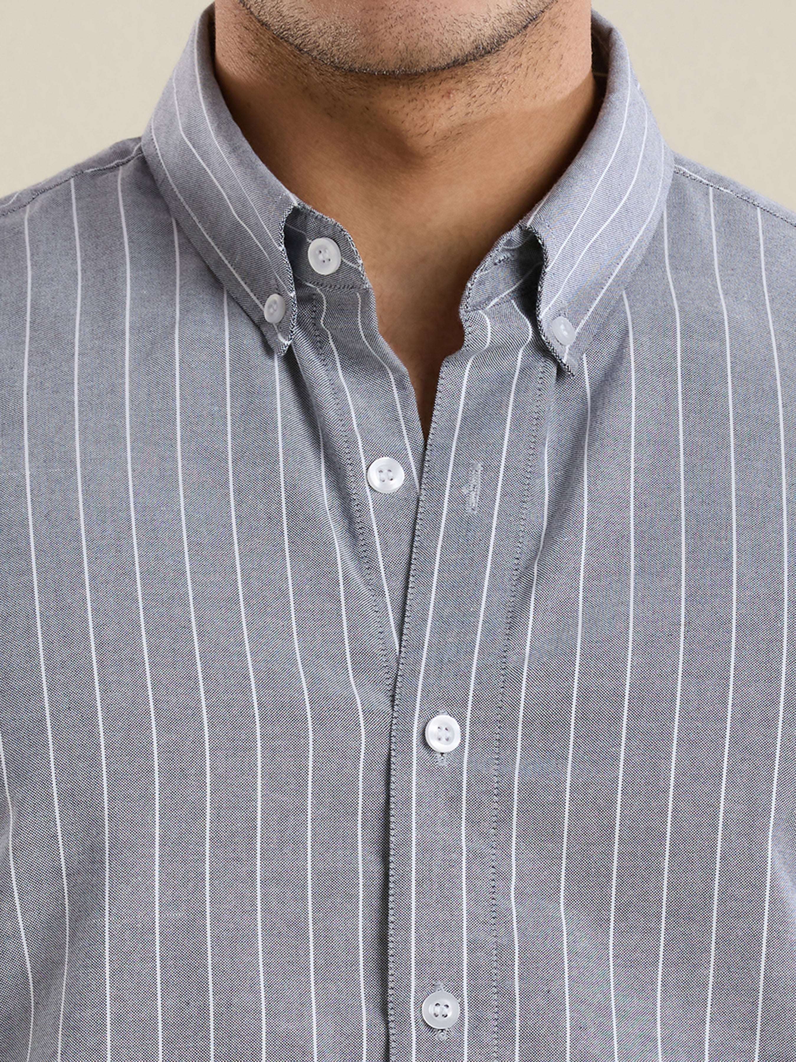 Men's Slim Fit Grey Striped Oxford Cotton Casual Shirt | Mark & Albert