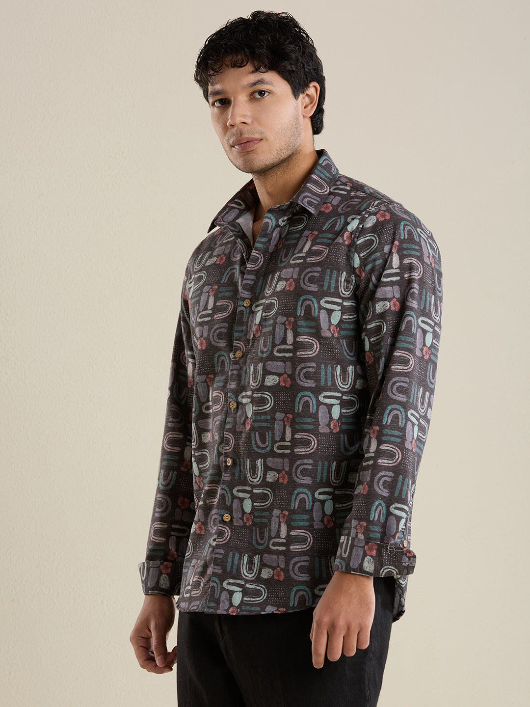Luxury Slate Abstract Motif Linen Shirt – Slim Fit