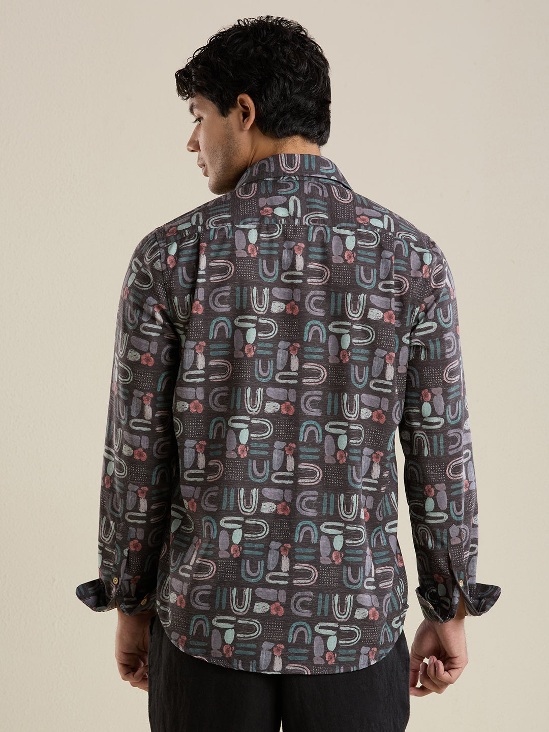 Luxury Slate Abstract Motif Linen Shirt – Slim Fit