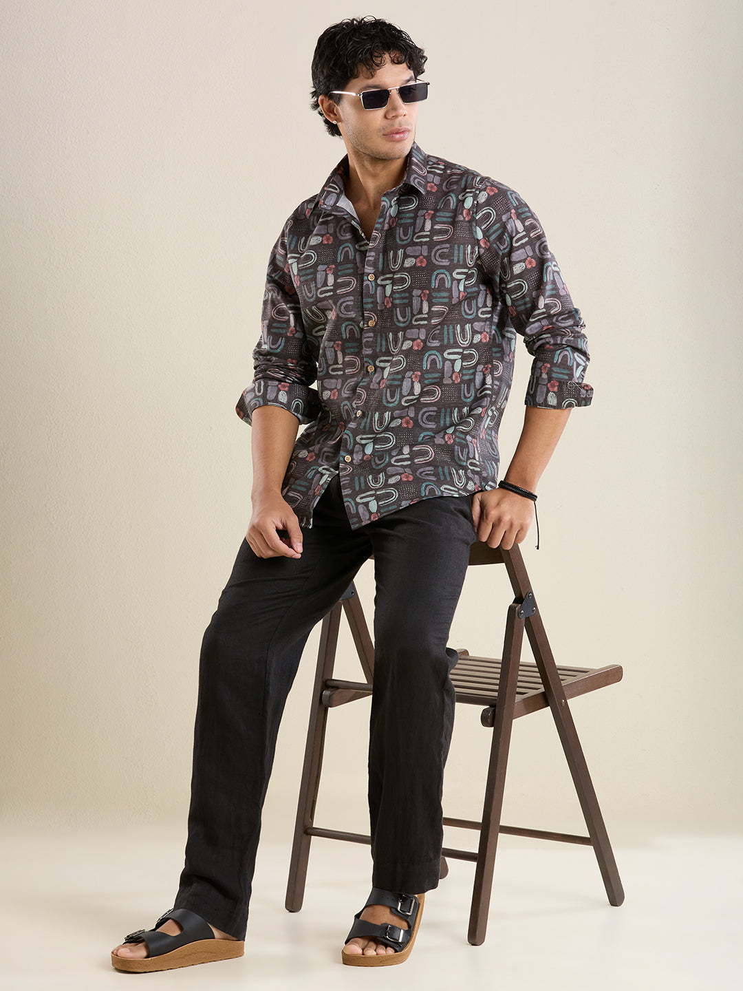 Luxury Slate Abstract Motif Linen Shirt – Slim Fit