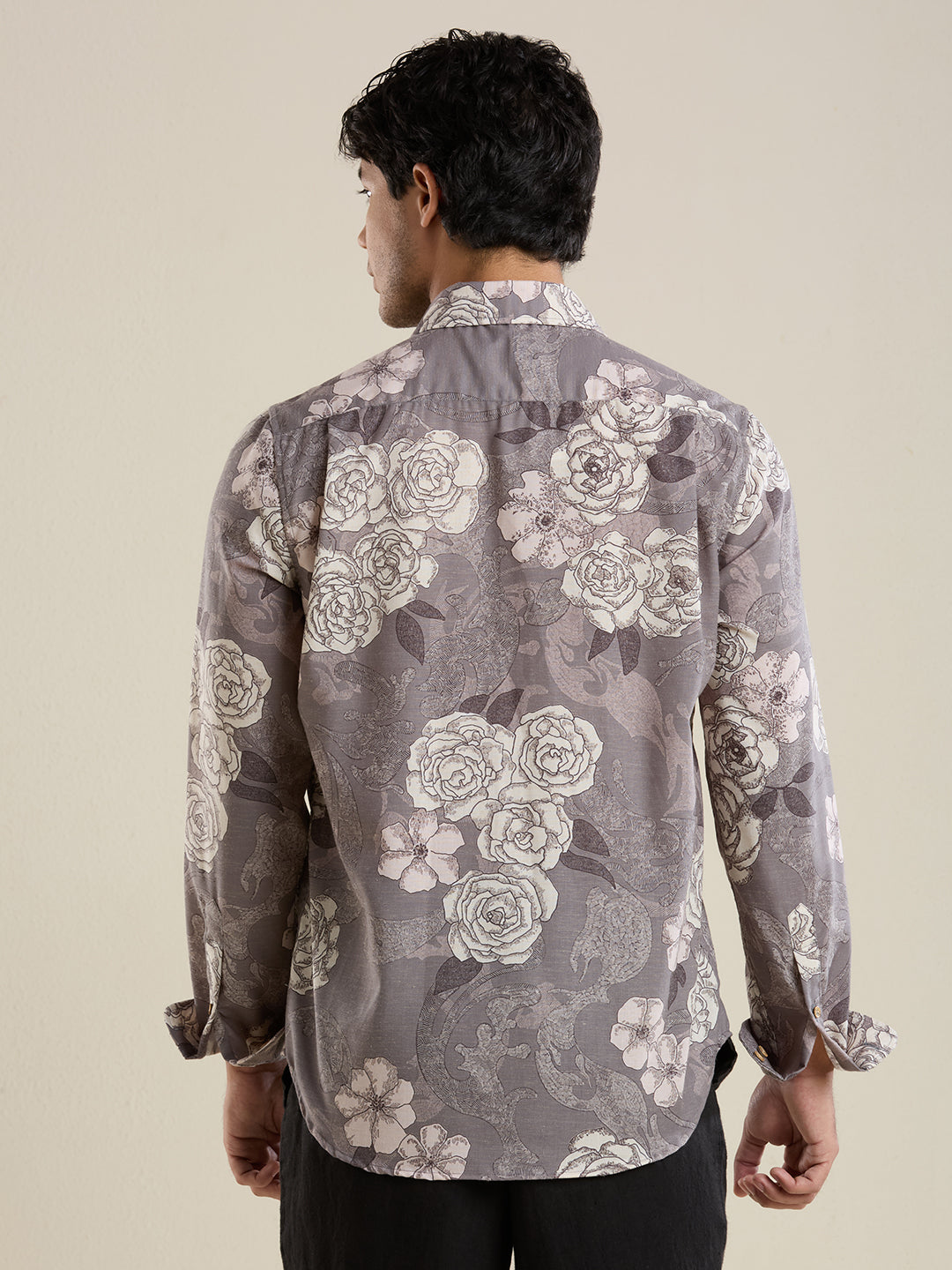 Luxury Grey Botanical Linen Shirt – Slim Fit