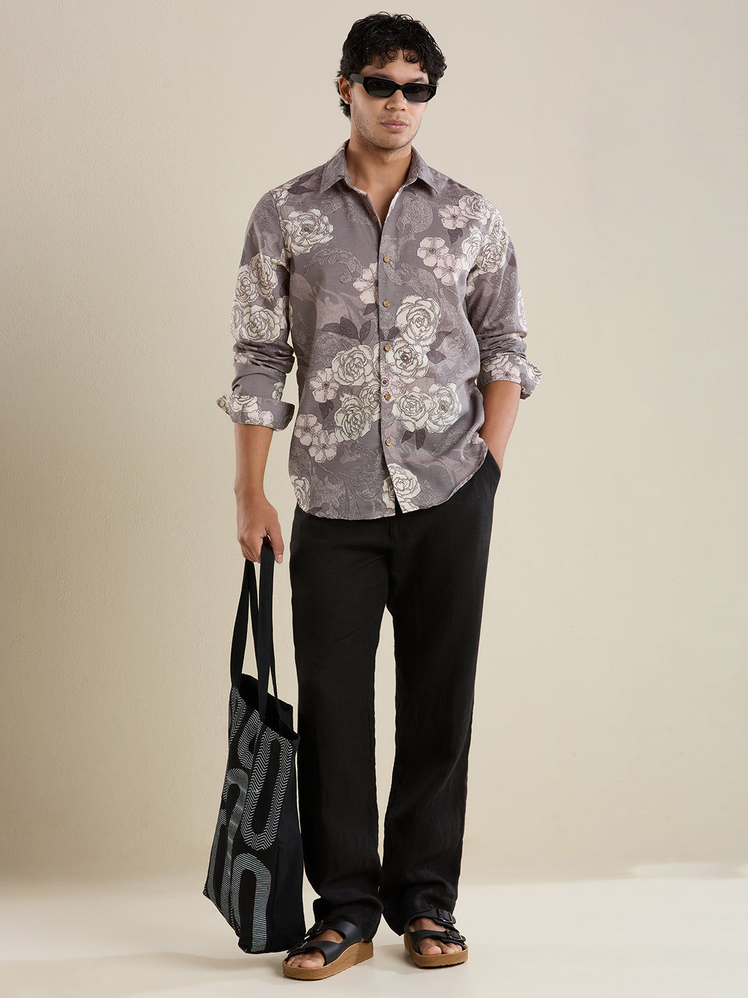 Luxury Grey Botanical Linen Shirt – Slim Fit
