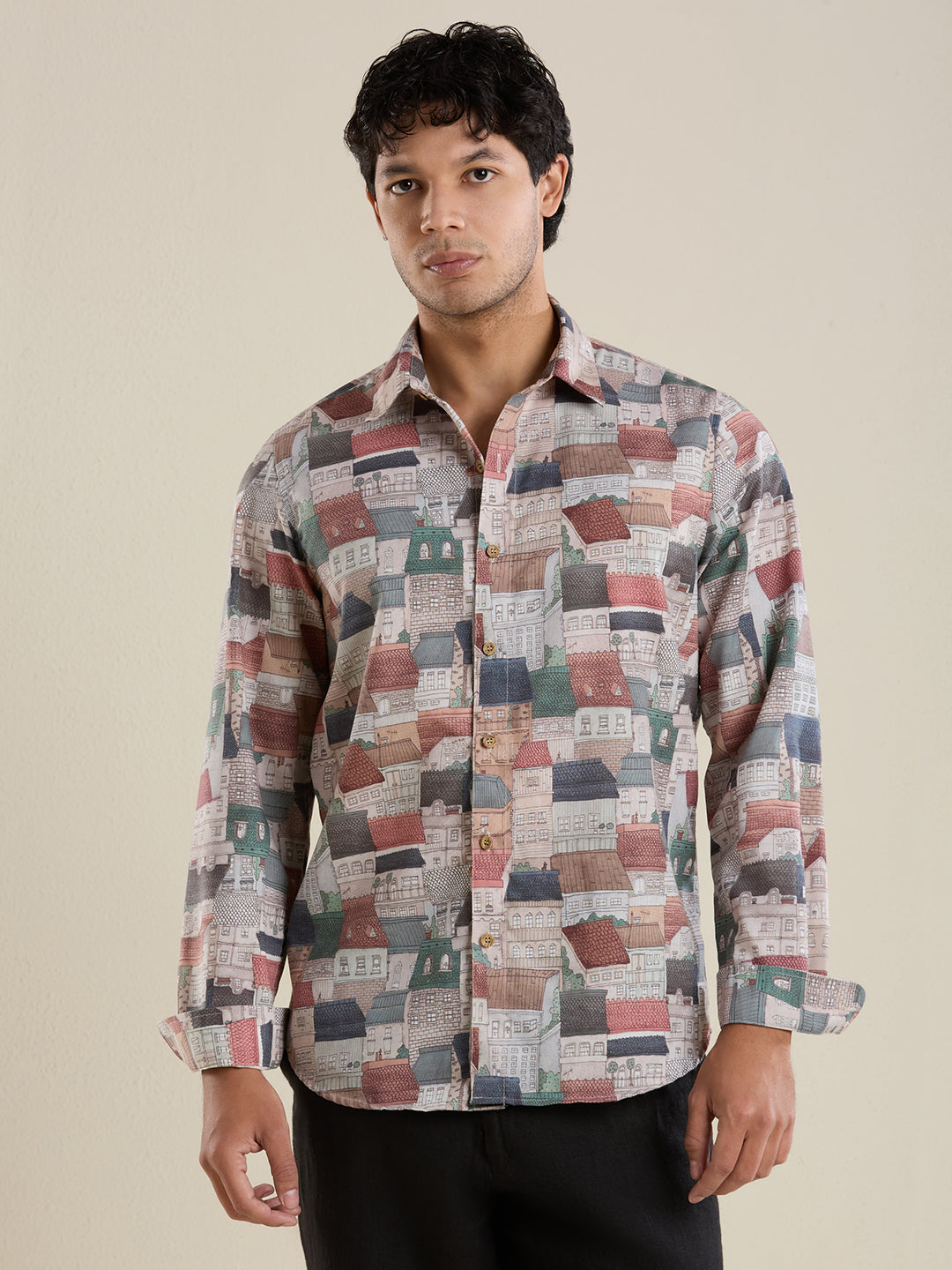 Luxury Illustrated House Digital Print Linen Shirt – Slim Fit