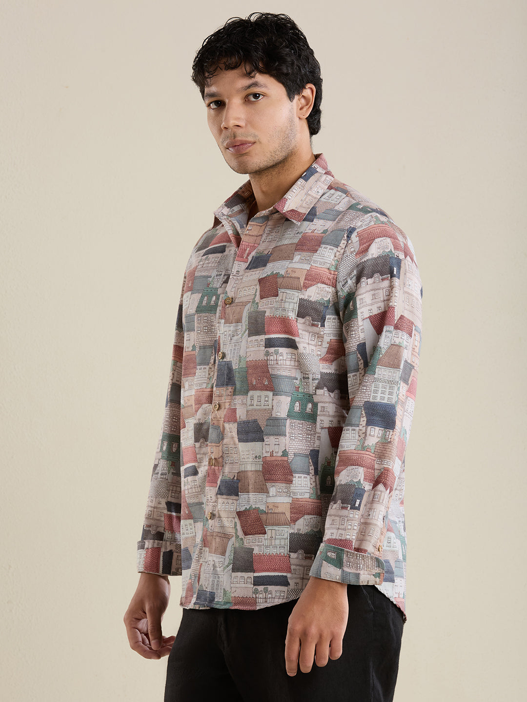 Luxury Illustrated House Digital Print Linen Shirt – Slim Fit