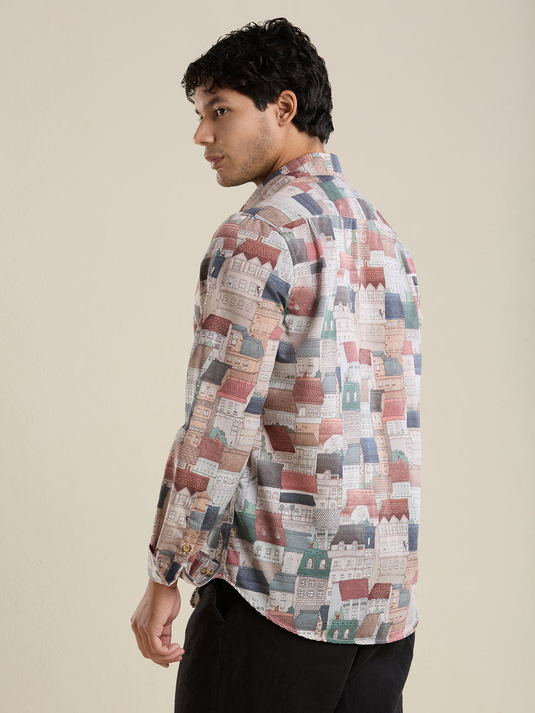 Luxury Illustrated House Digital Print Linen Shirt – Slim Fit