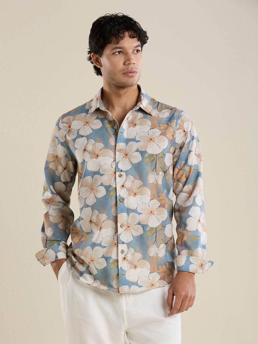 Luxury Slate Blue Floral Linen Shirt – Slim Fit