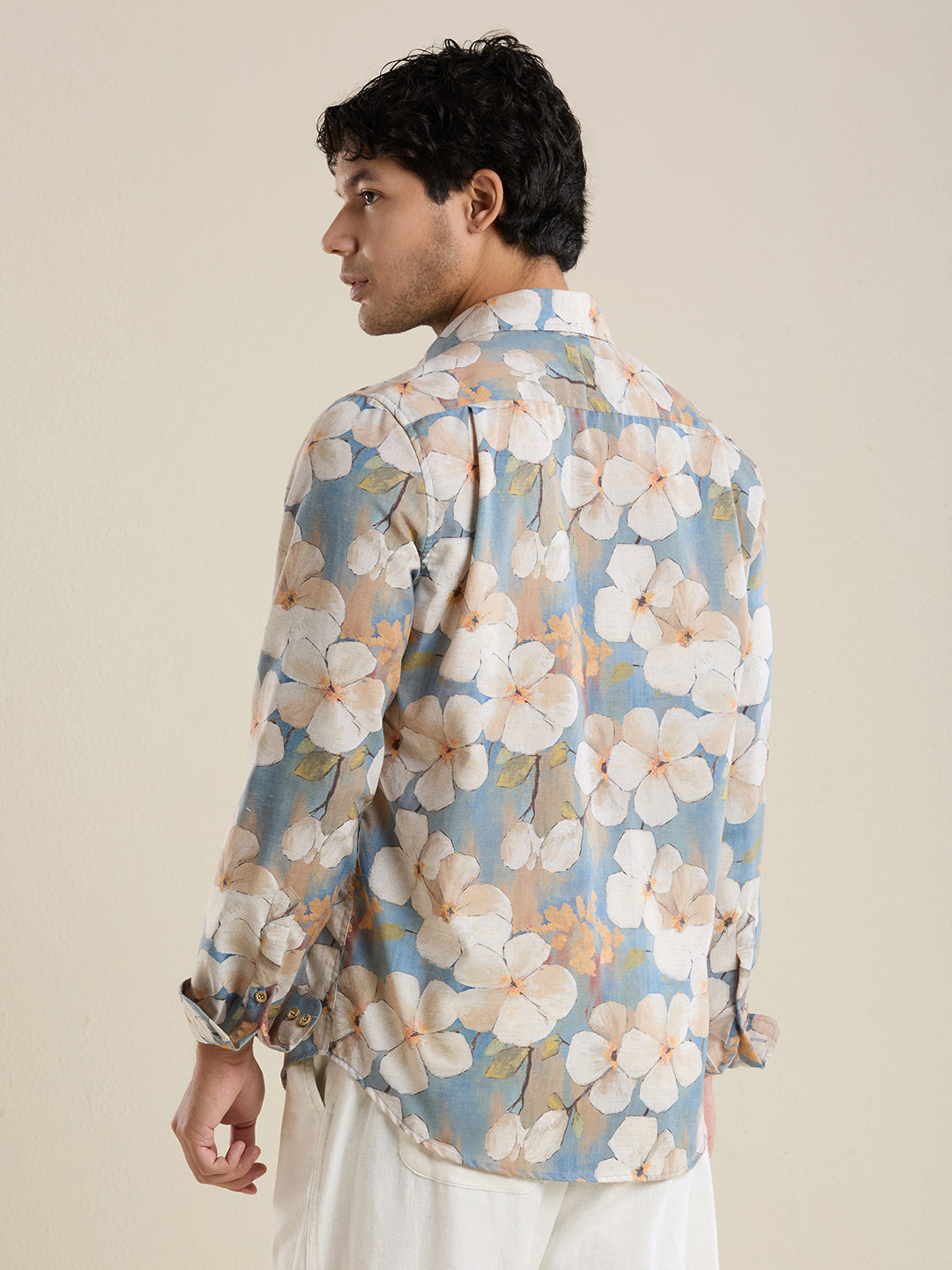 Luxury Slate Blue Floral Linen Shirt – Slim Fit