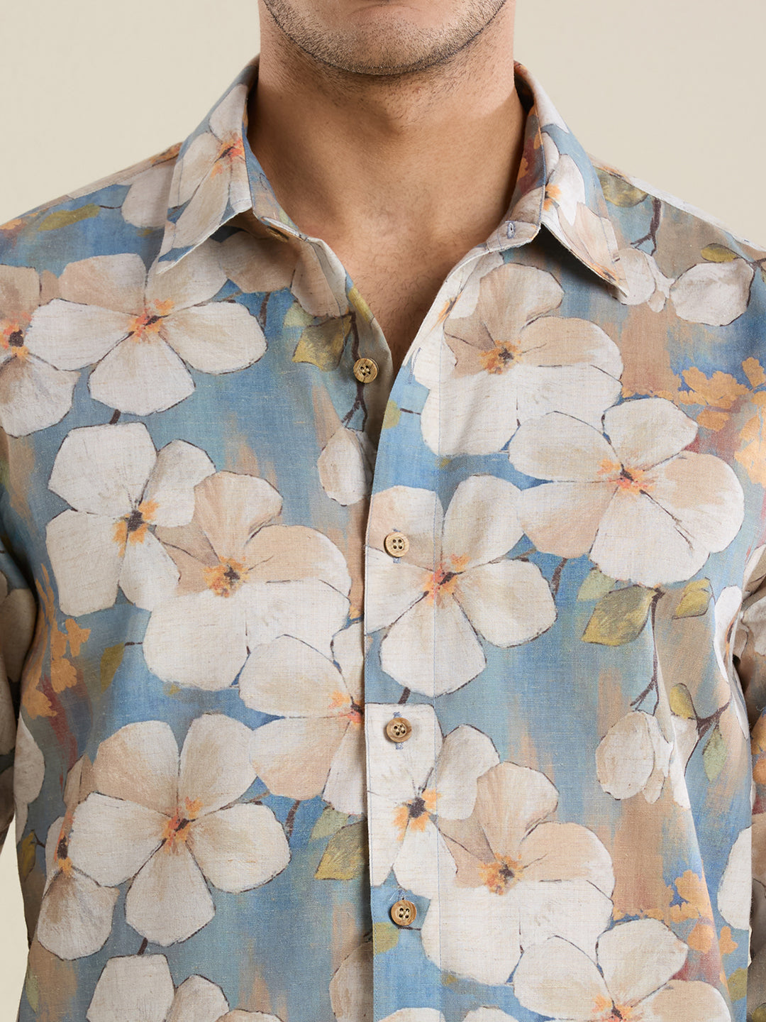 Luxury Slate Blue Floral Linen Shirt – Slim Fit