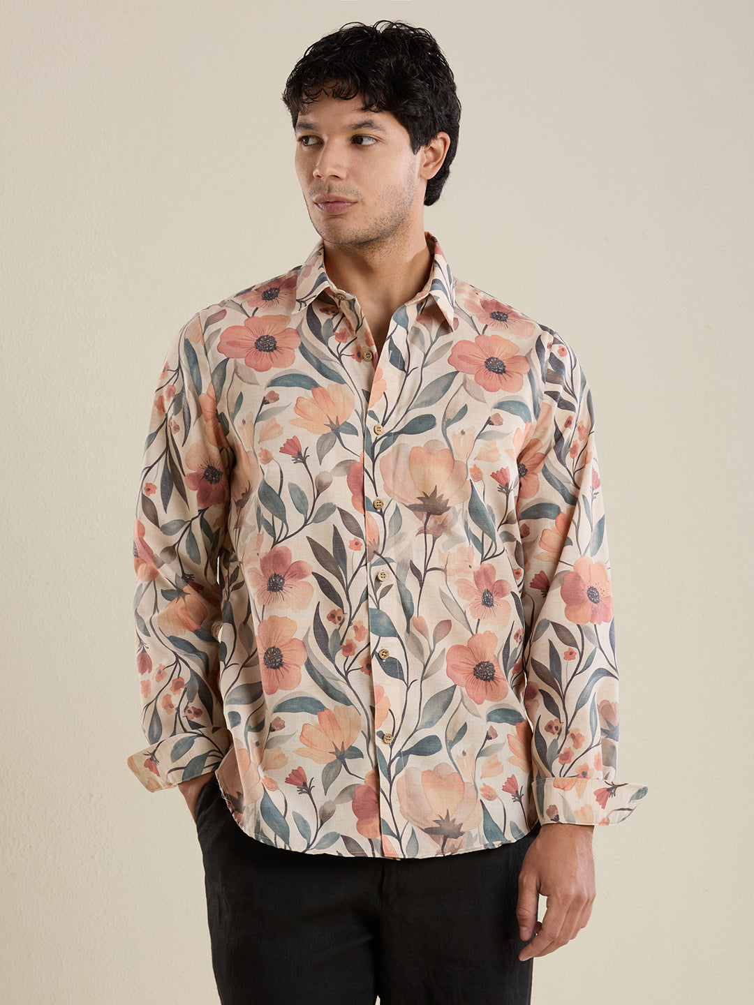 Luxury Peach Floral Digital Print Shirt – Slim Fit