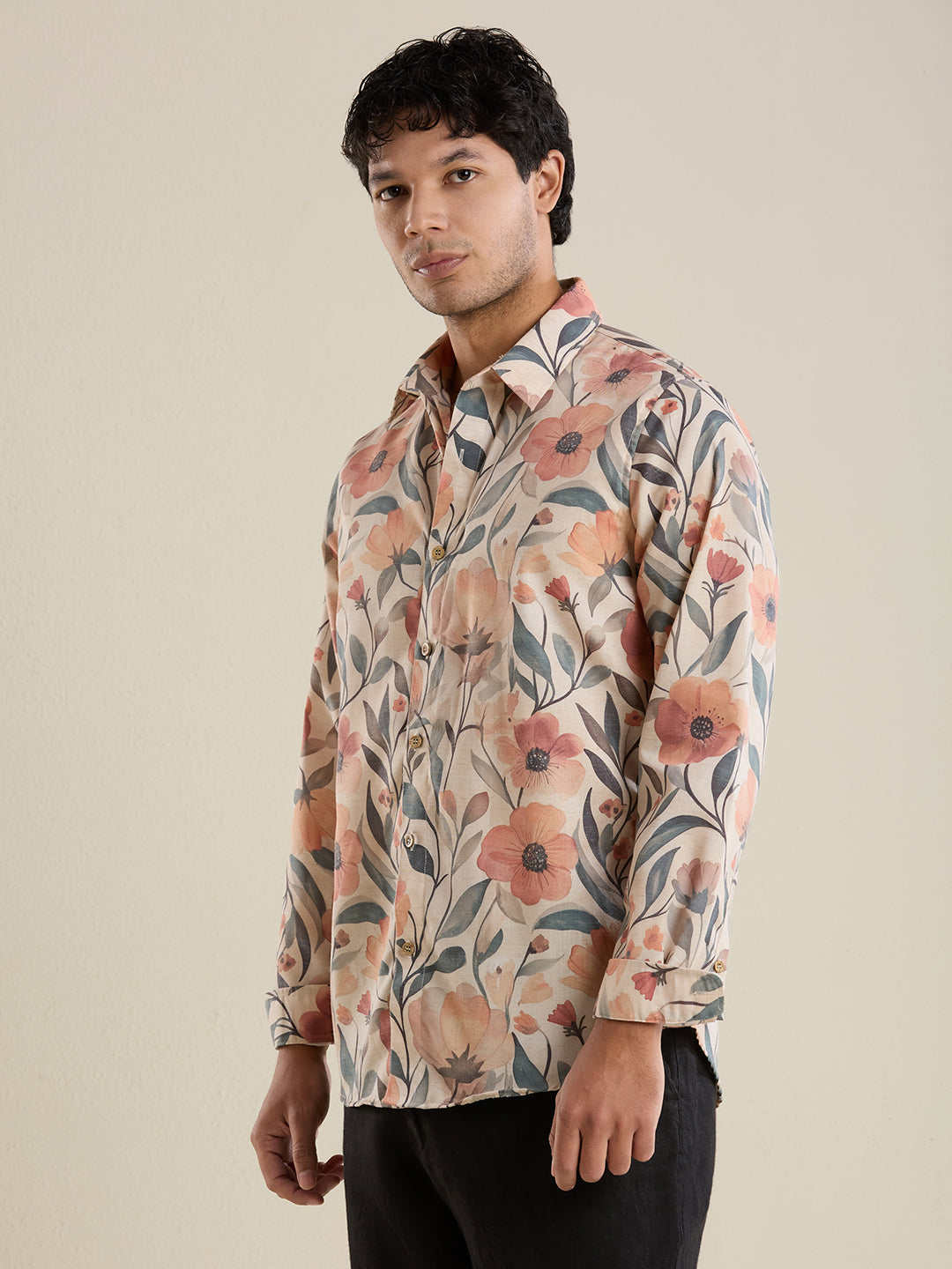 Luxury Peach Floral Digital Print Shirt – Slim Fit