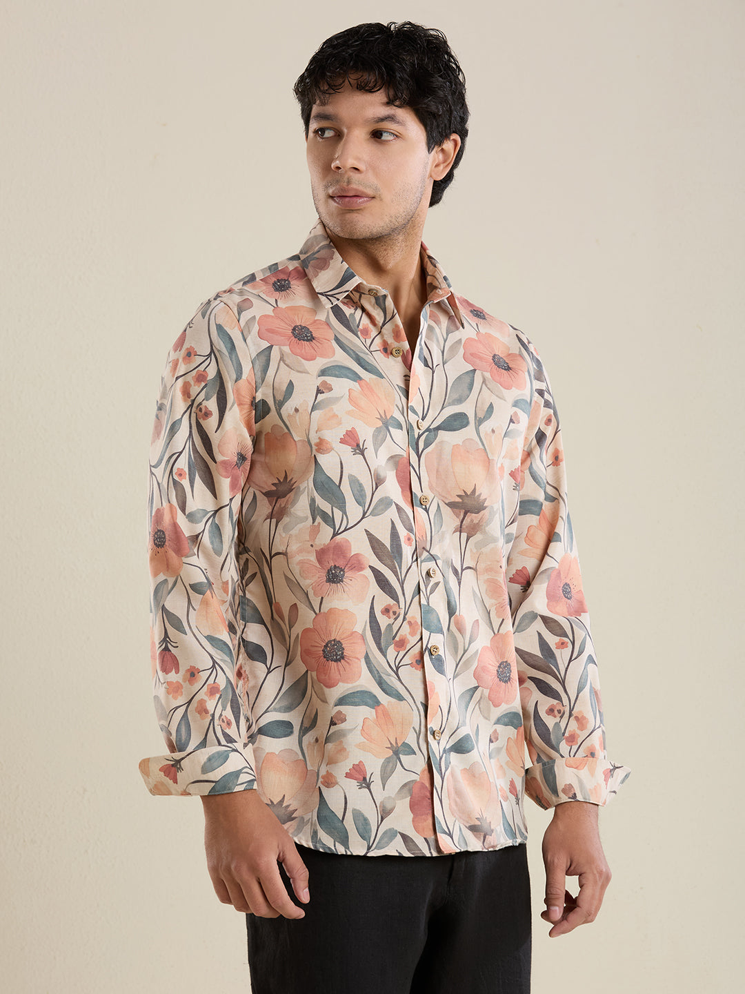 Luxury Peach Floral Digital Print Shirt – Slim Fit