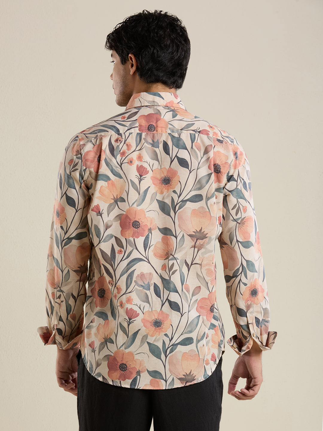 Luxury Peach Floral Digital Print Shirt – Slim Fit