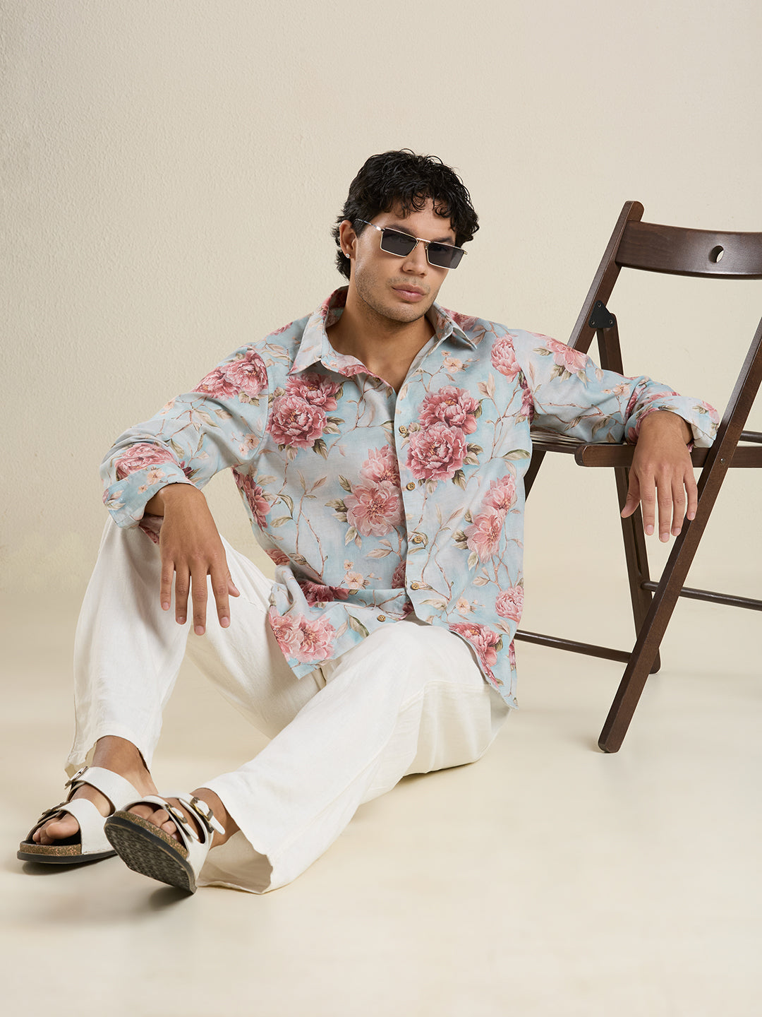 Luxury Sky Blue Floral Linen Shirt – Slim Fit