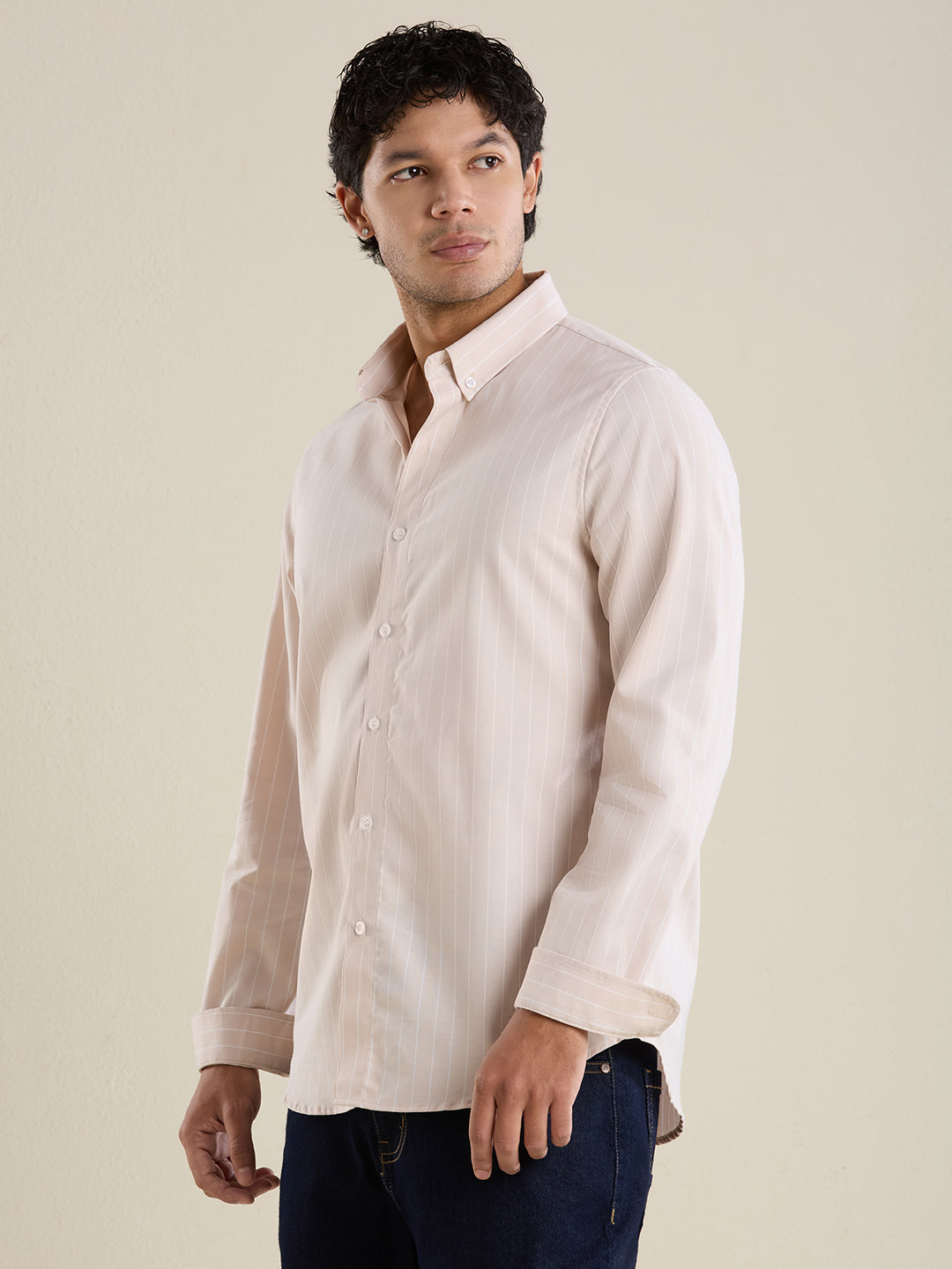 Men's Slim Fit Beige Striped Oxford Cotton Casual Shirt | Mark & Albert