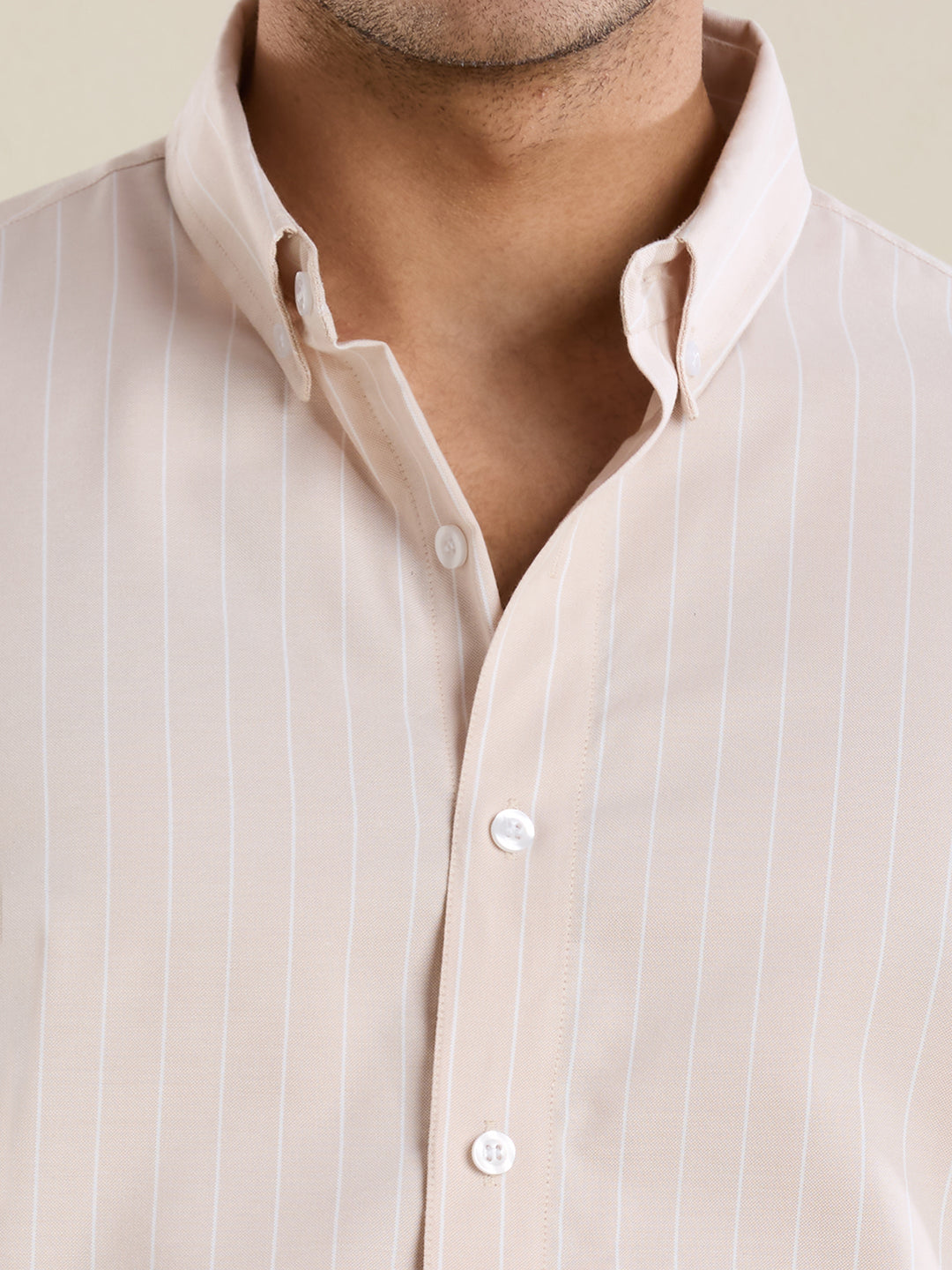 Men's Slim Fit Beige Striped Oxford Cotton Casual Shirt | Mark & Albert