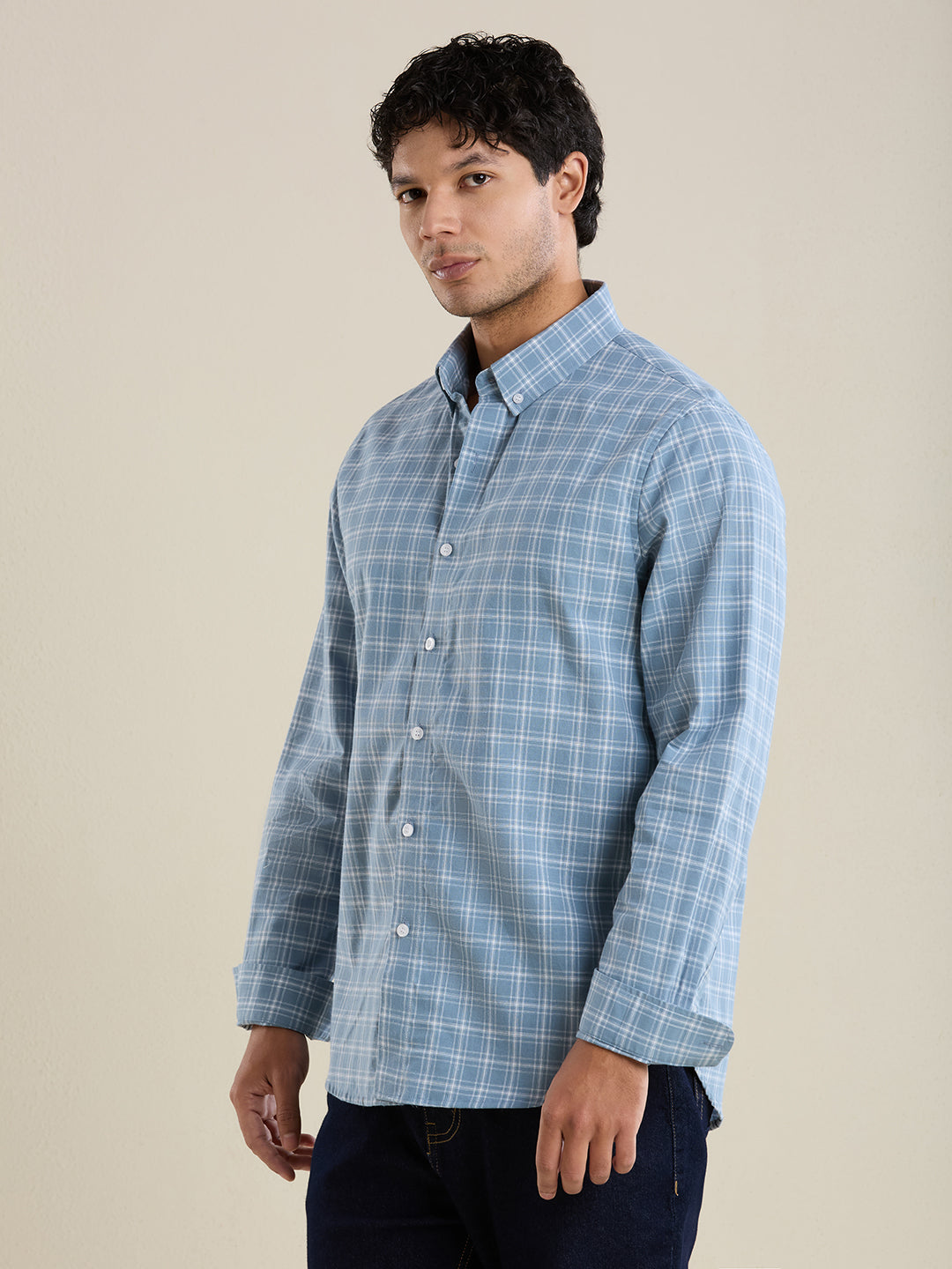 Men's Slim Fit Sky Blue Checkered Cotton Casual Shirt