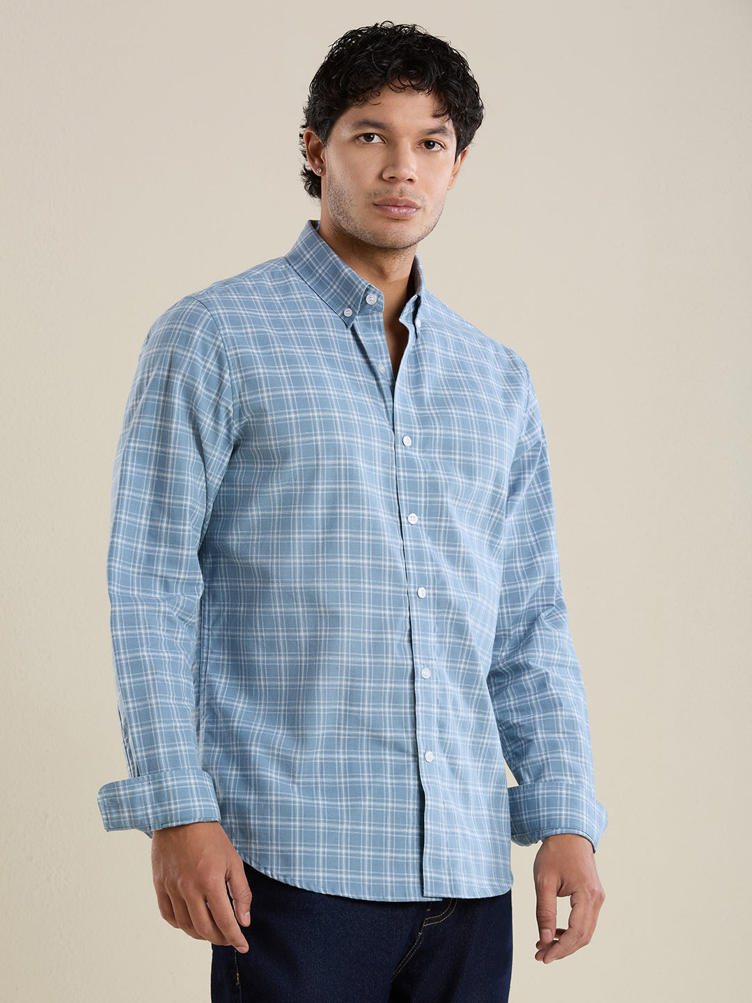 Men's Slim Fit Sky Blue Checkered Cotton Casual Shirt