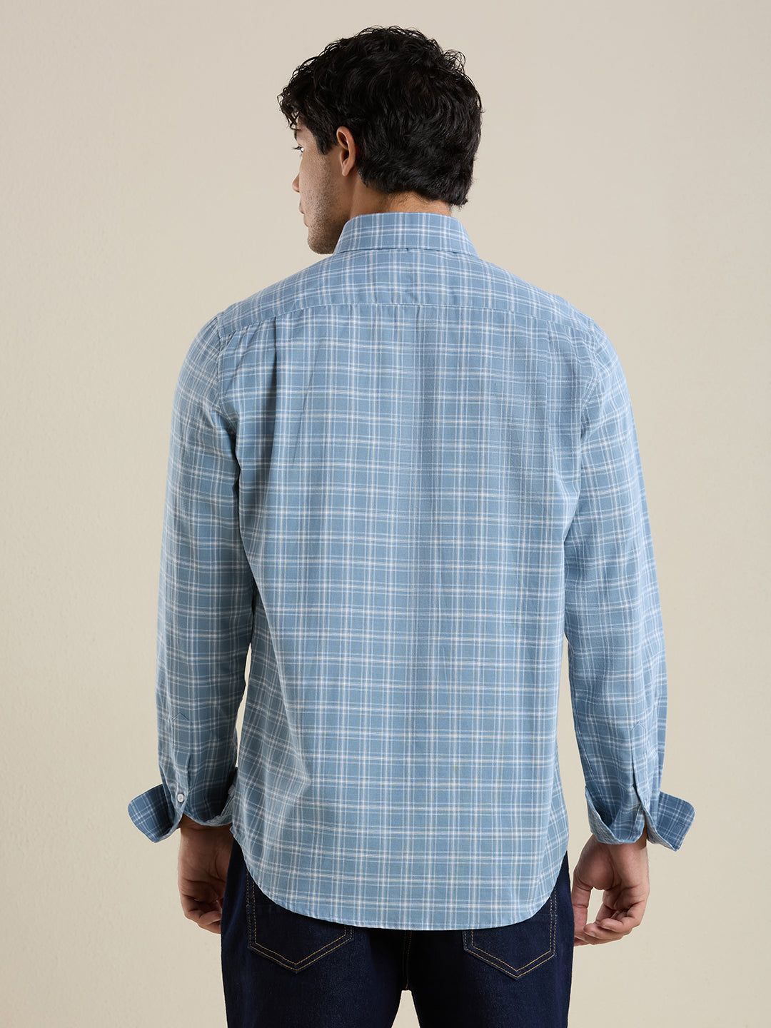 Men's Slim Fit Sky Blue Checkered Cotton Casual Shirt