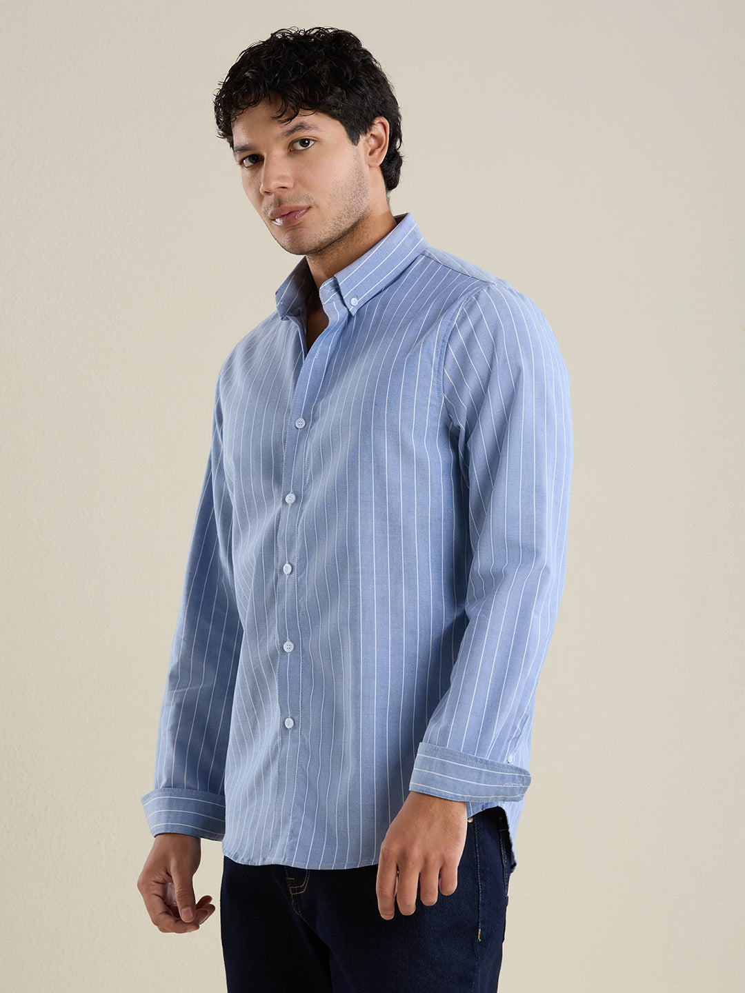 Men's Slim Fit Sky Blue Striped Oxford Cotton Casual Shirt | Mark & Albert