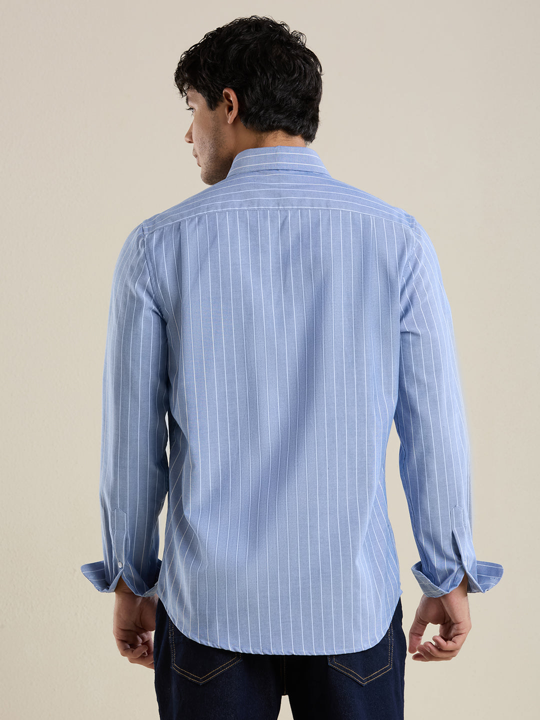 Men's Slim Fit Sky Blue Striped Oxford Cotton Casual Shirt | Mark & Albert