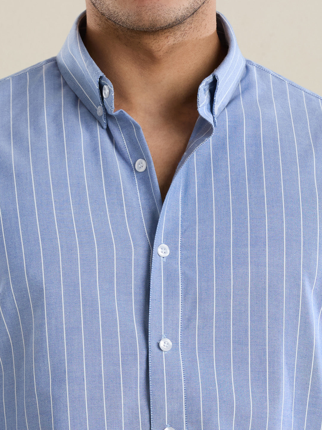 Men's Slim Fit Sky Blue Striped Oxford Cotton Casual Shirt | Mark & Albert